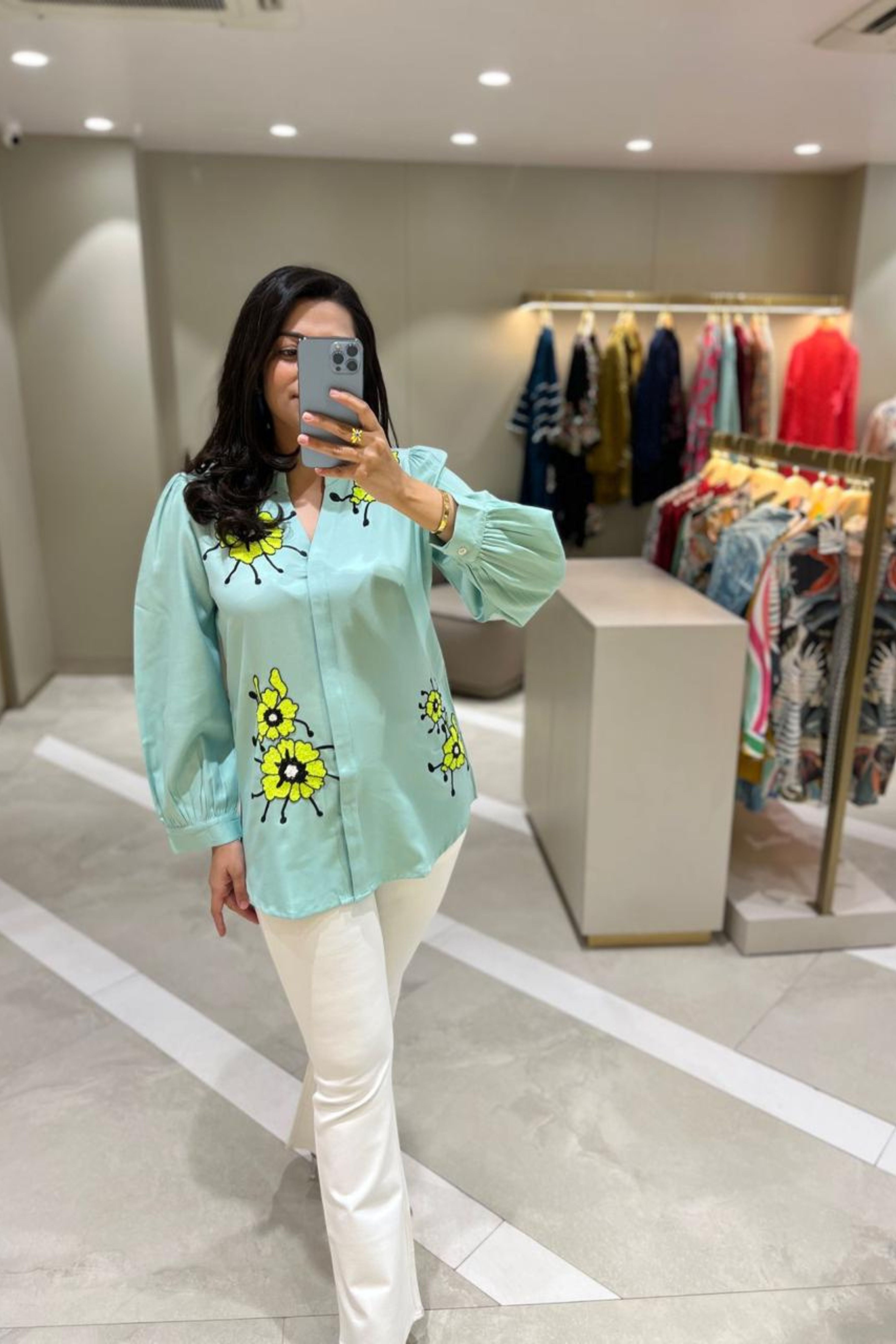 Mint Green Floral Embroidered shirt
