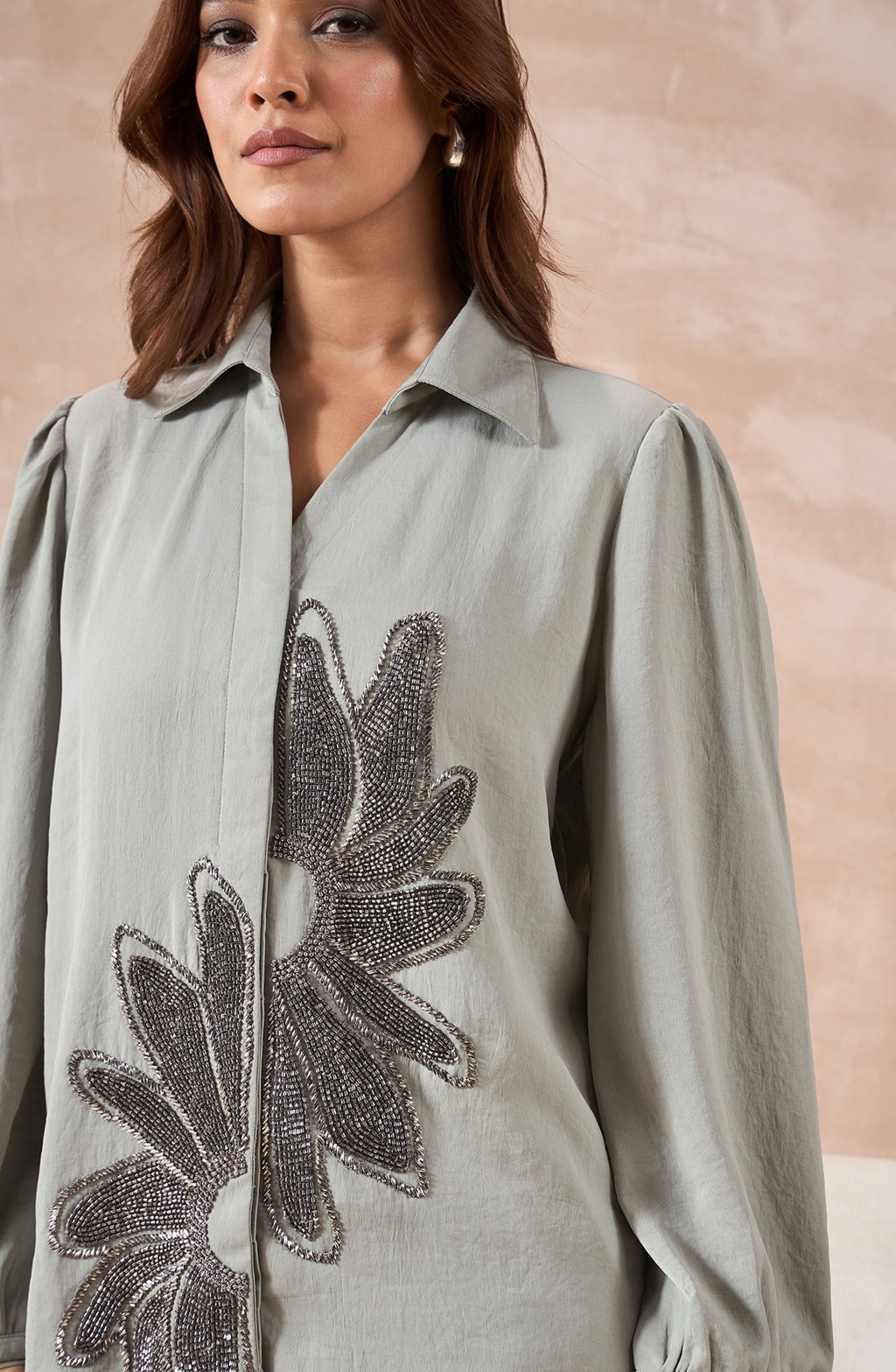 Sage Grey Shirt with Metallic Beaded Sunflower Motif