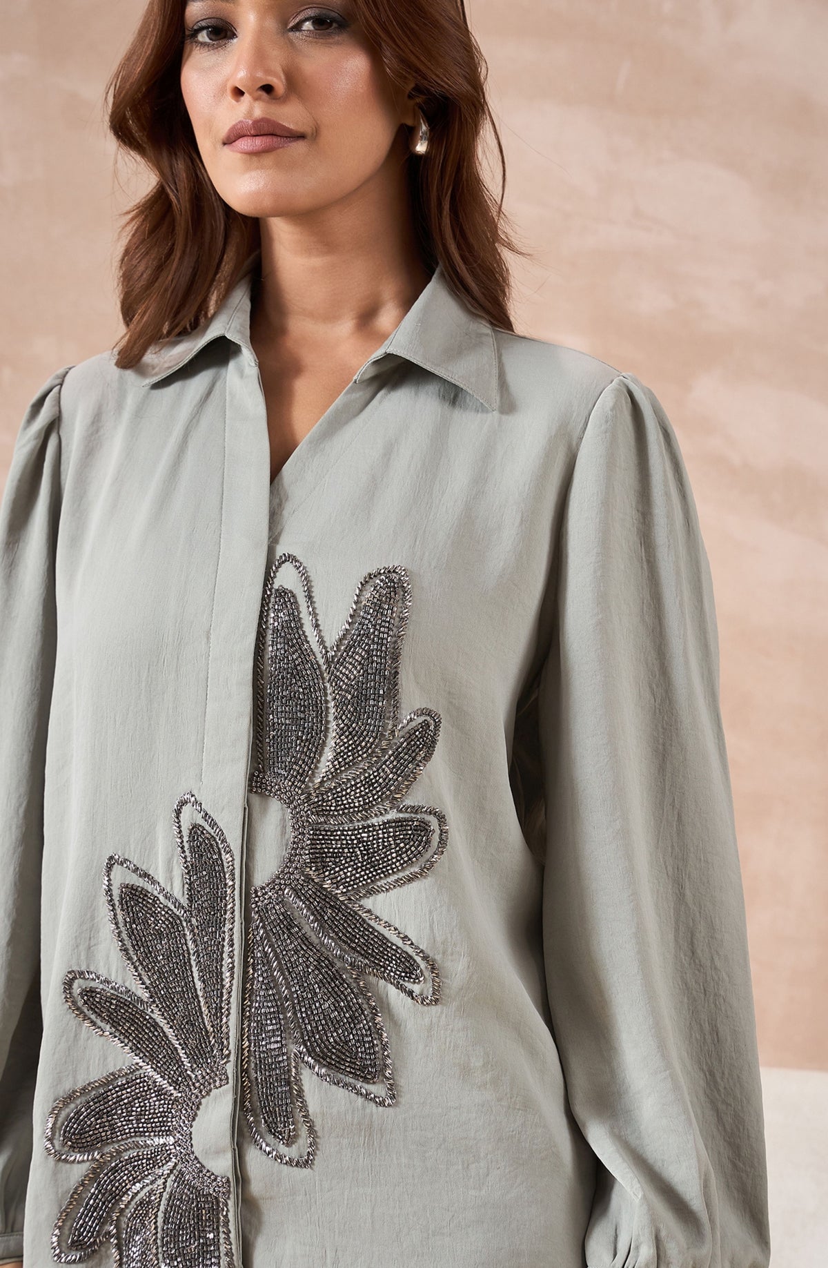 Sage Grey Shirt with Metallic Beaded Sunflower Motif