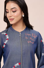 Cotton Denim Love Embellished Zipper Co-ord Set
