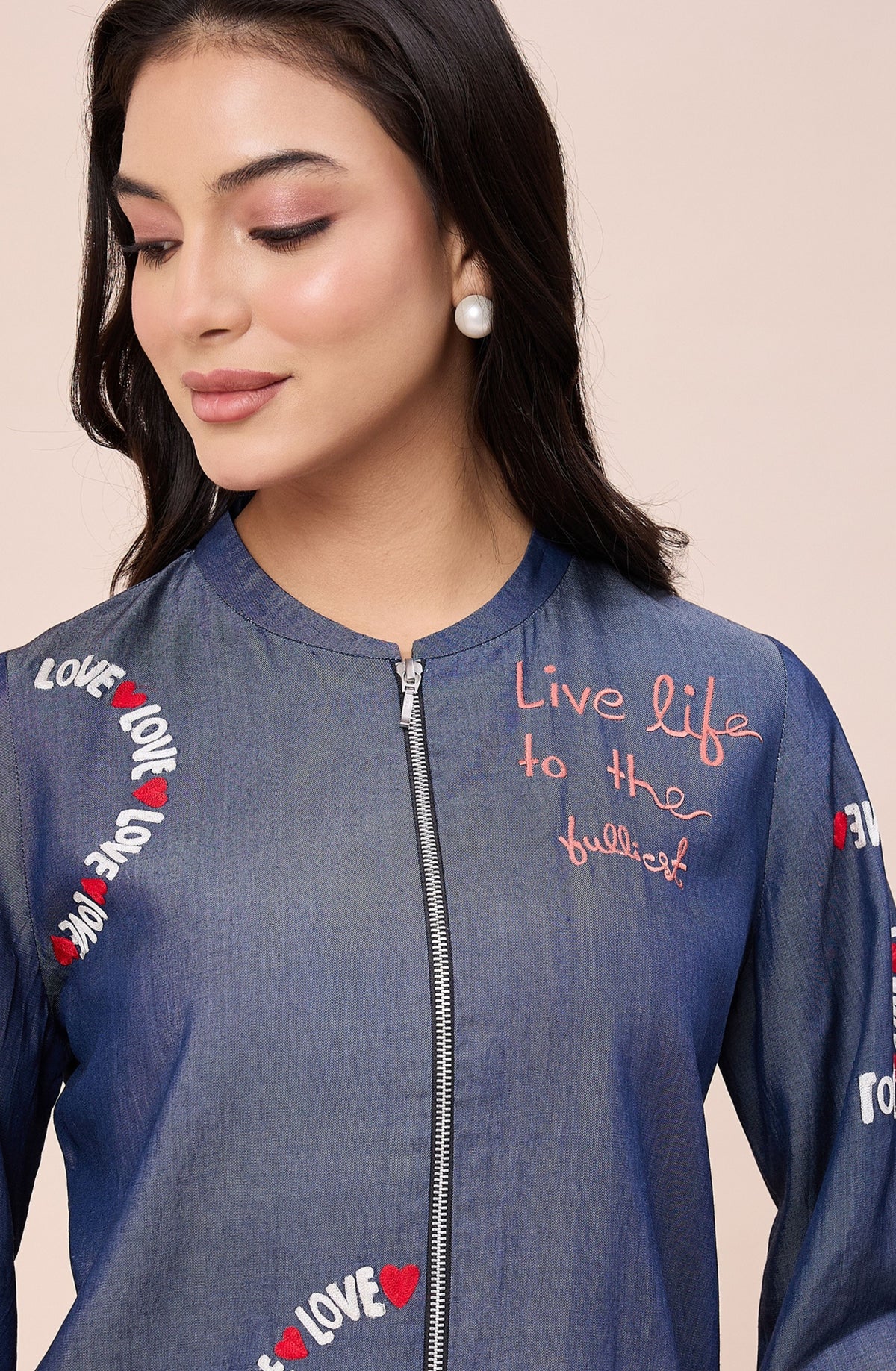 Cotton Denim Love Embellished Zipper Co-ord Set
