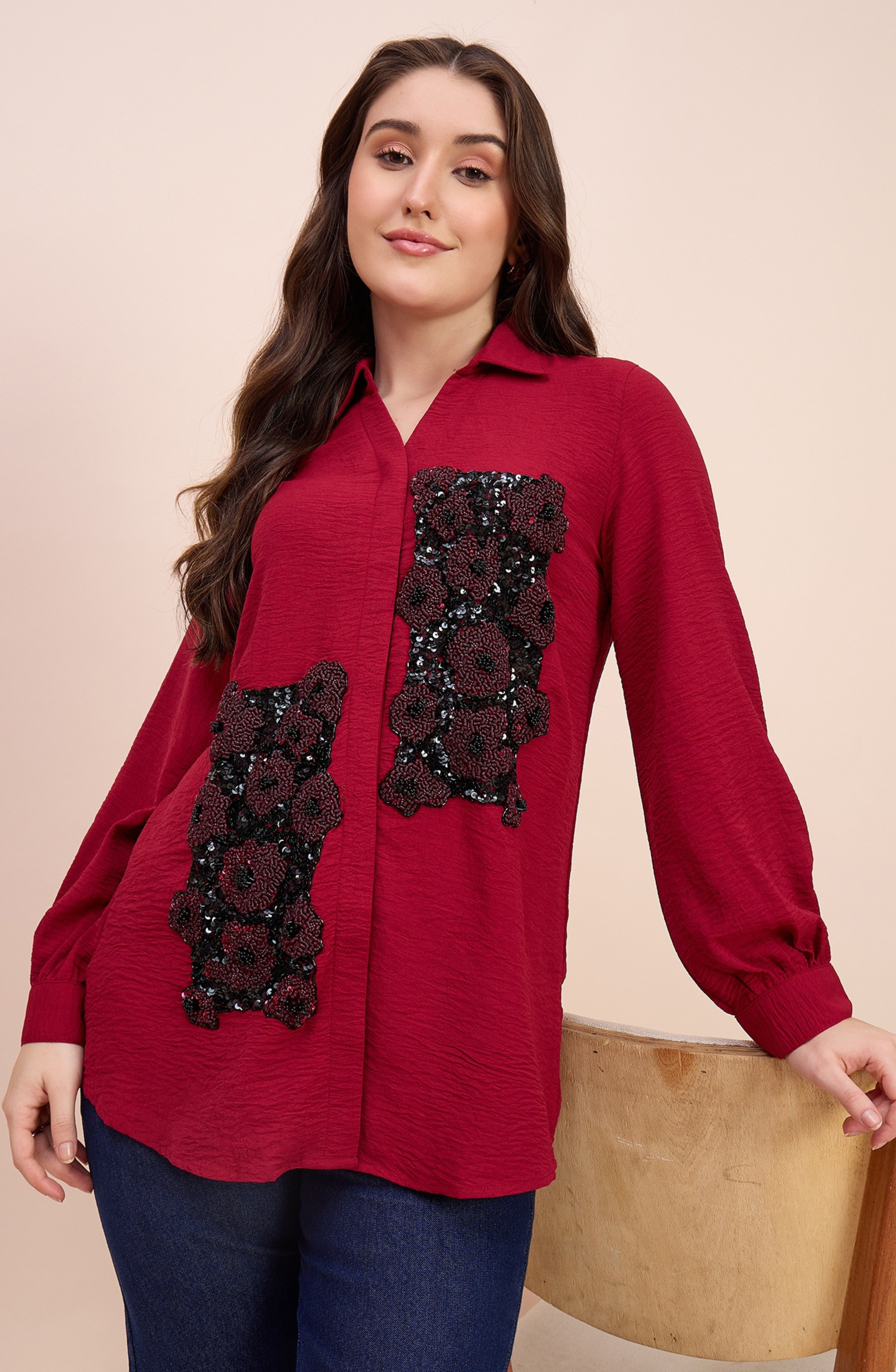 Red Shirt with Sequin Floral Patchwork