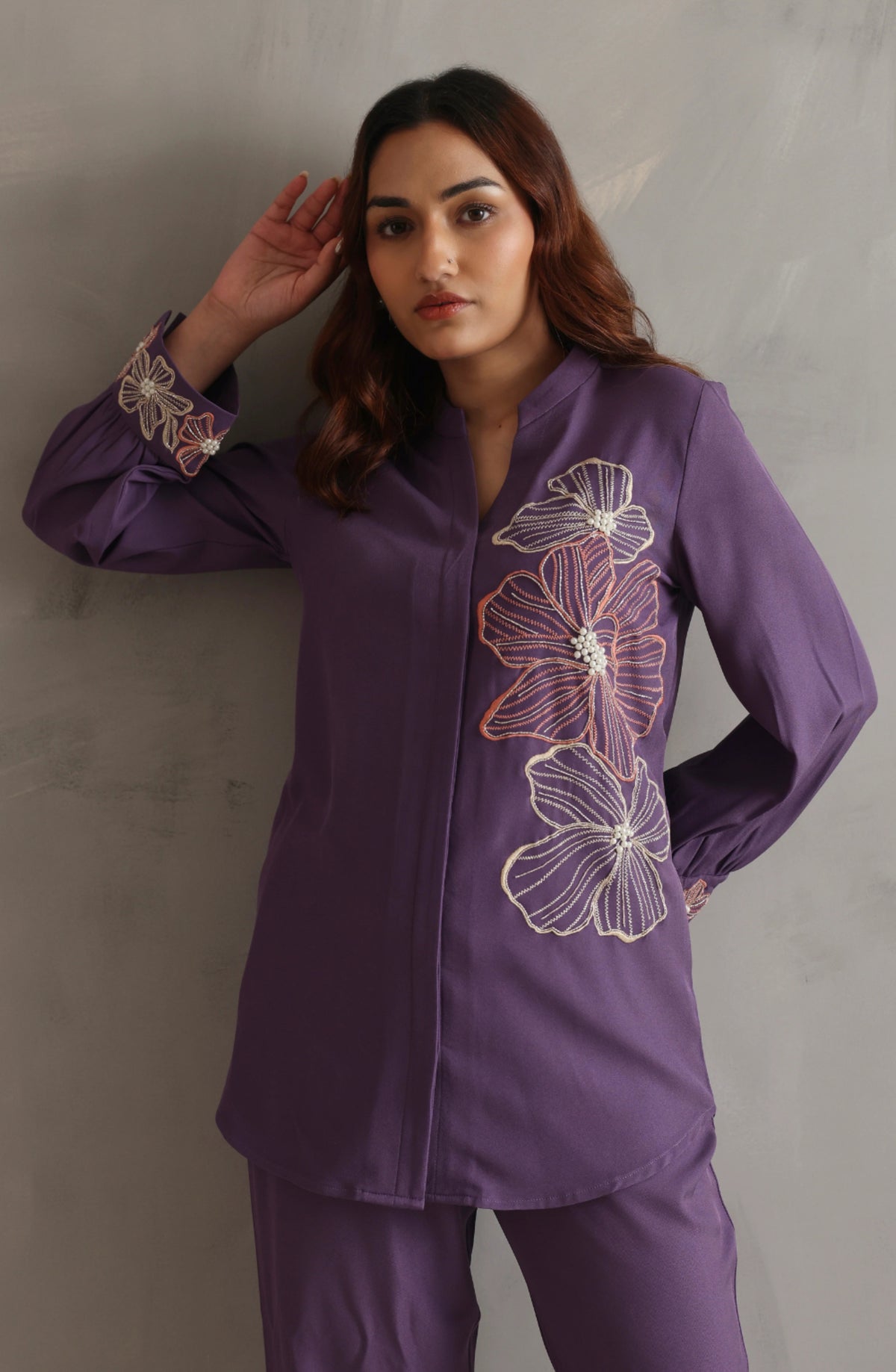 Purple Floral Embroidery Co-ord Set