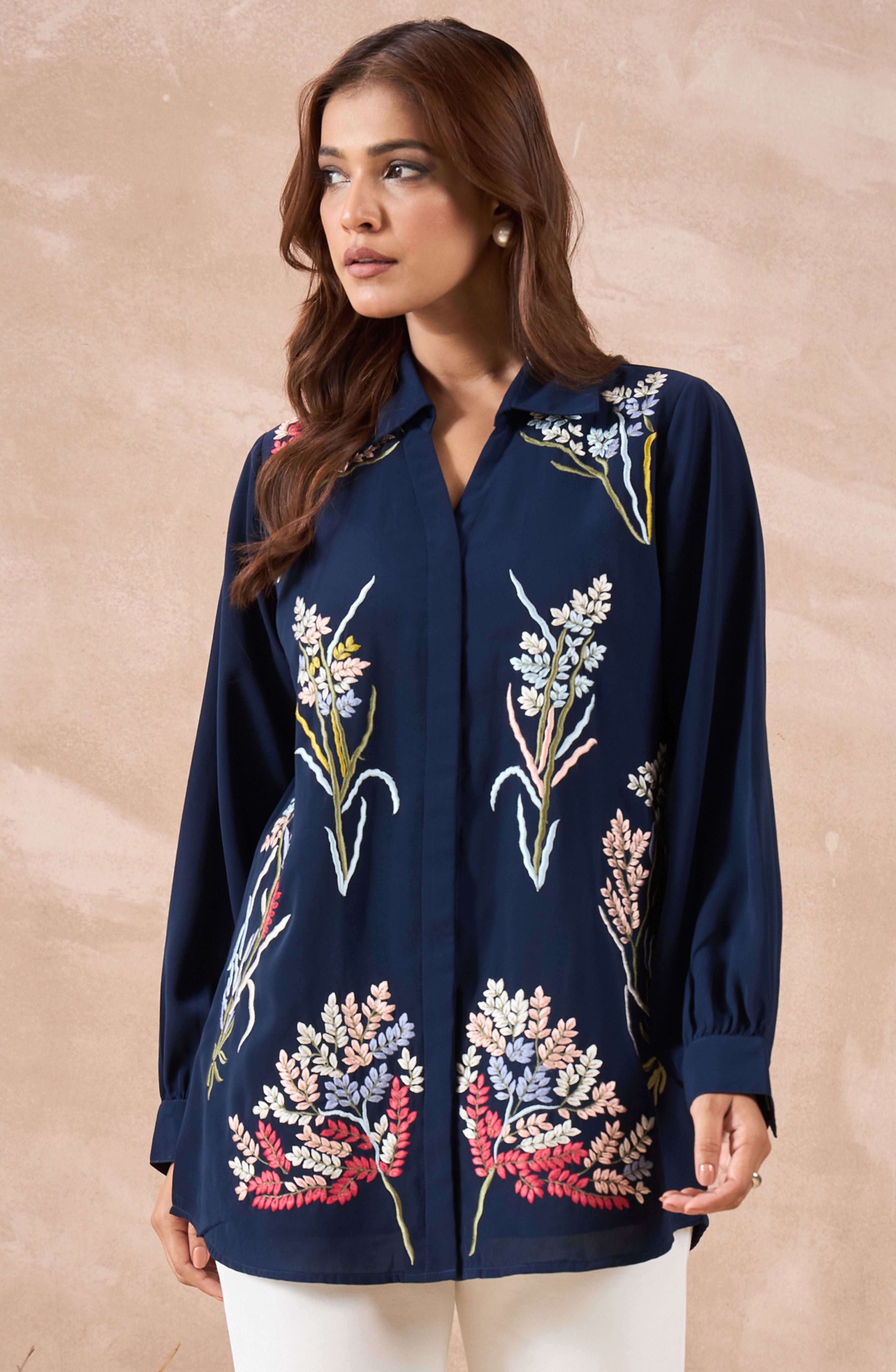 Navy Blue Shirt with Multicolour Wildflower Embroidery