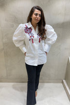 White Puff Sleeves Floral Embellished Shirt