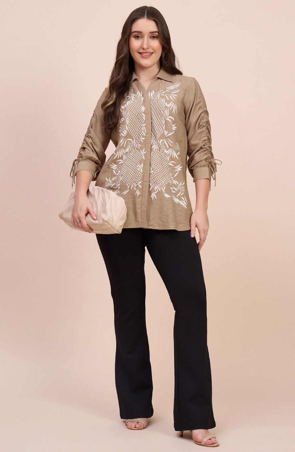 Beige Shirt with White Lattice Floral Embroidery