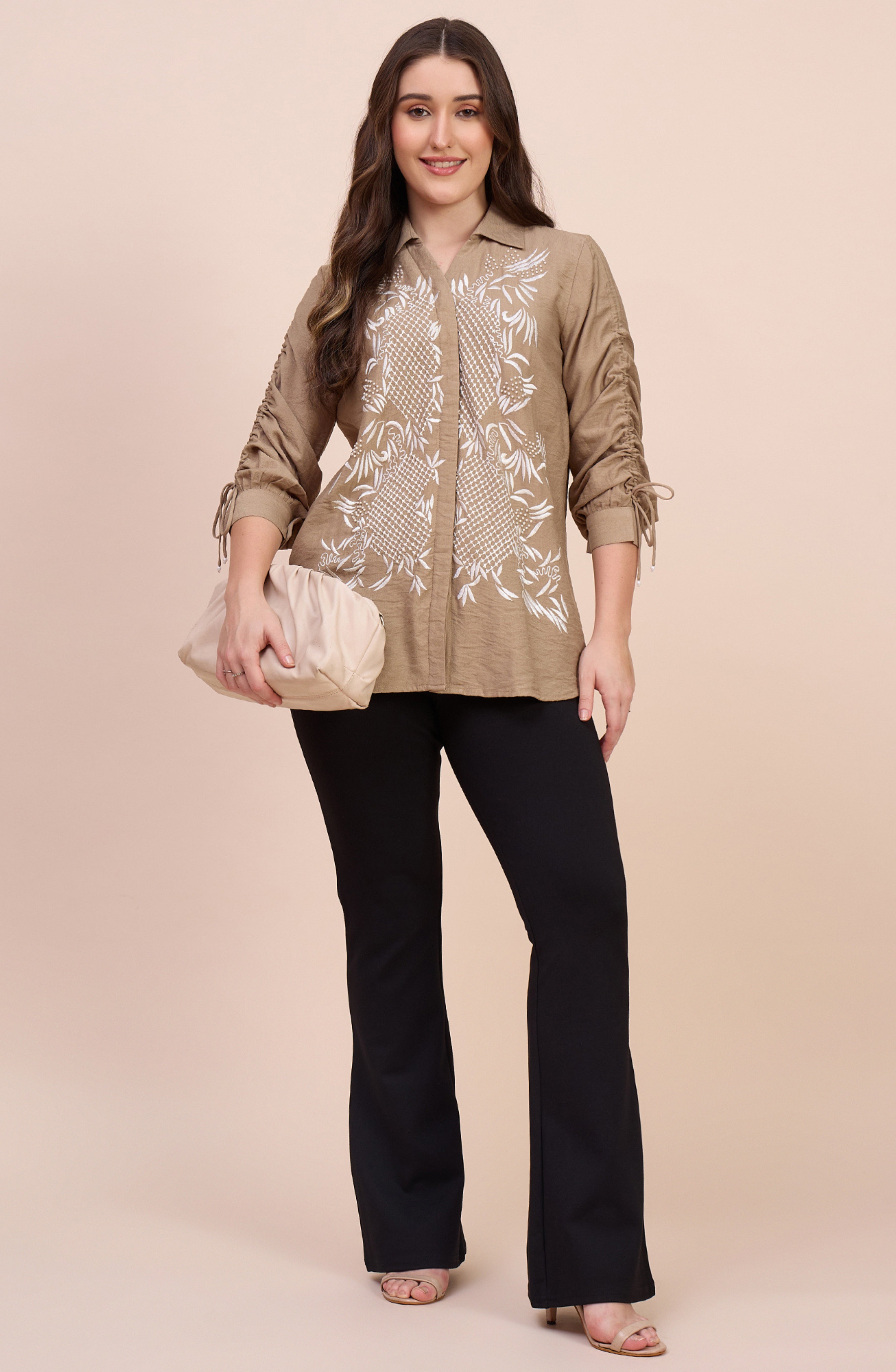 Beige Shirt with White Lattice Floral Embroidery