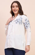 White Shirt with Blue Floral Vine Embroidery