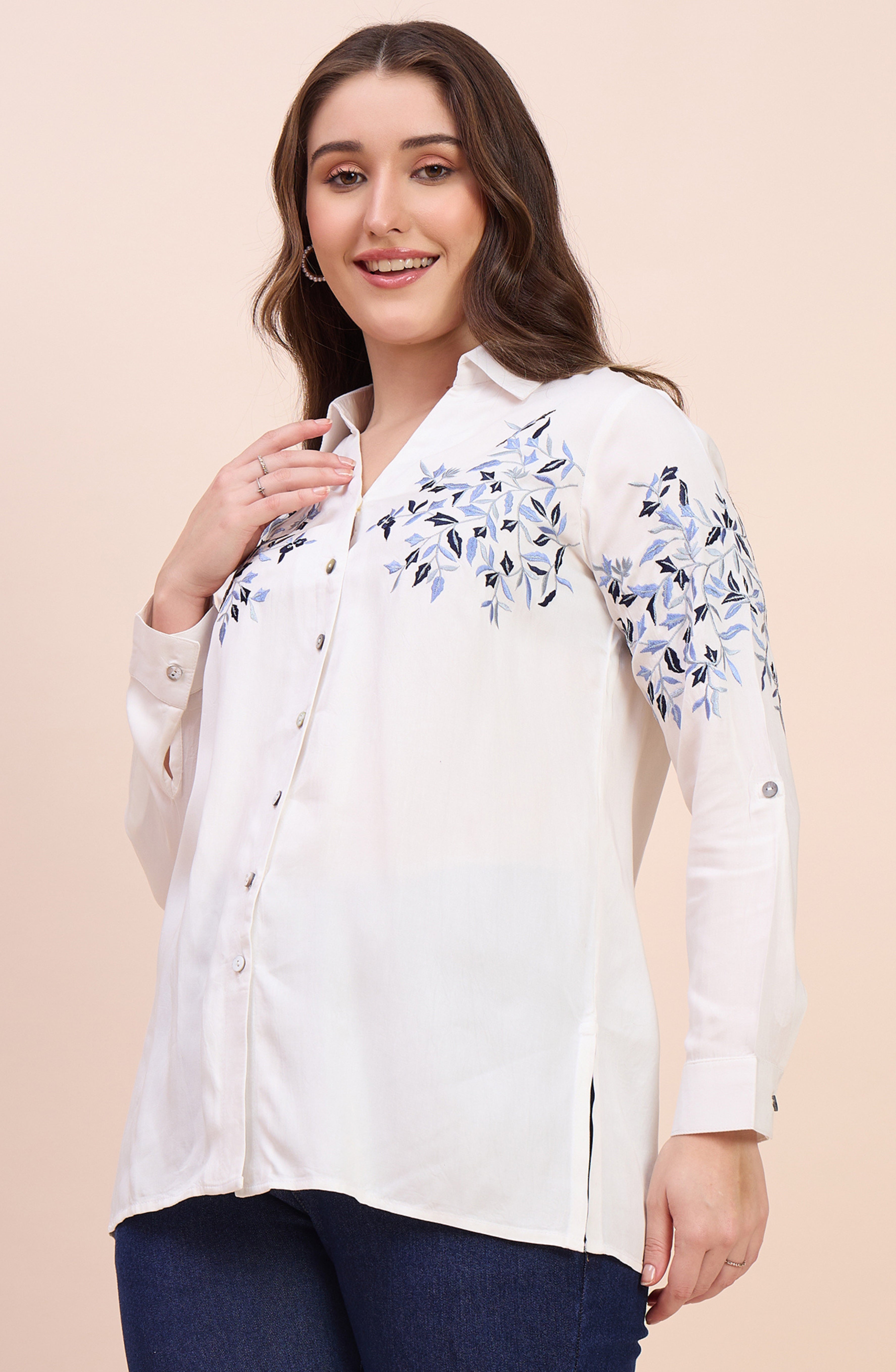 White Shirt with Blue Floral Vine Embroidery