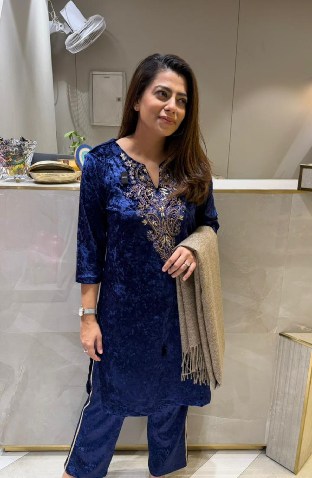 Navy Blue Velvet Embellished Kurta Set