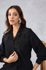 Midnight Bloom Black Floral Embellished Shirt
