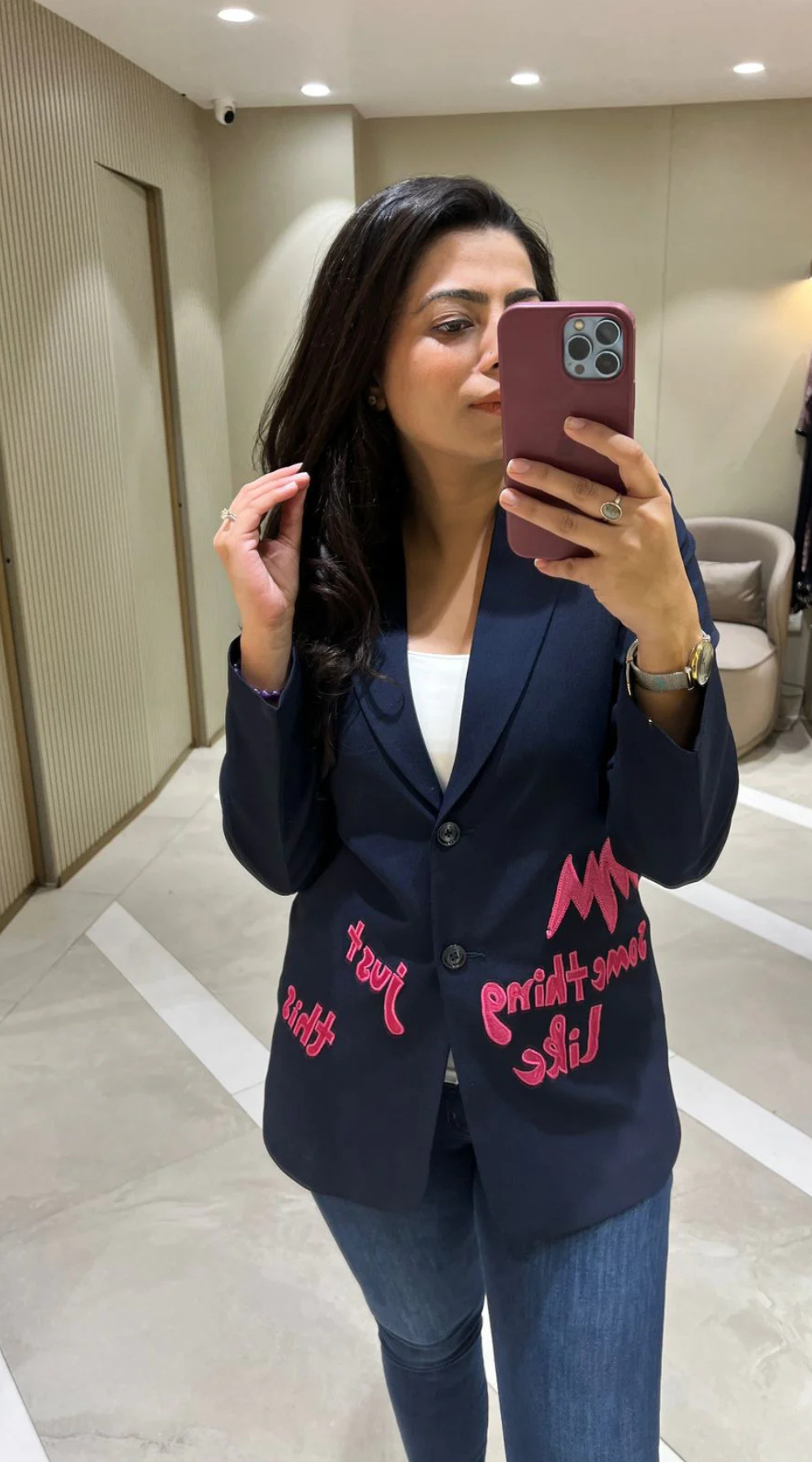 Navy Blue Embroidered Blazer