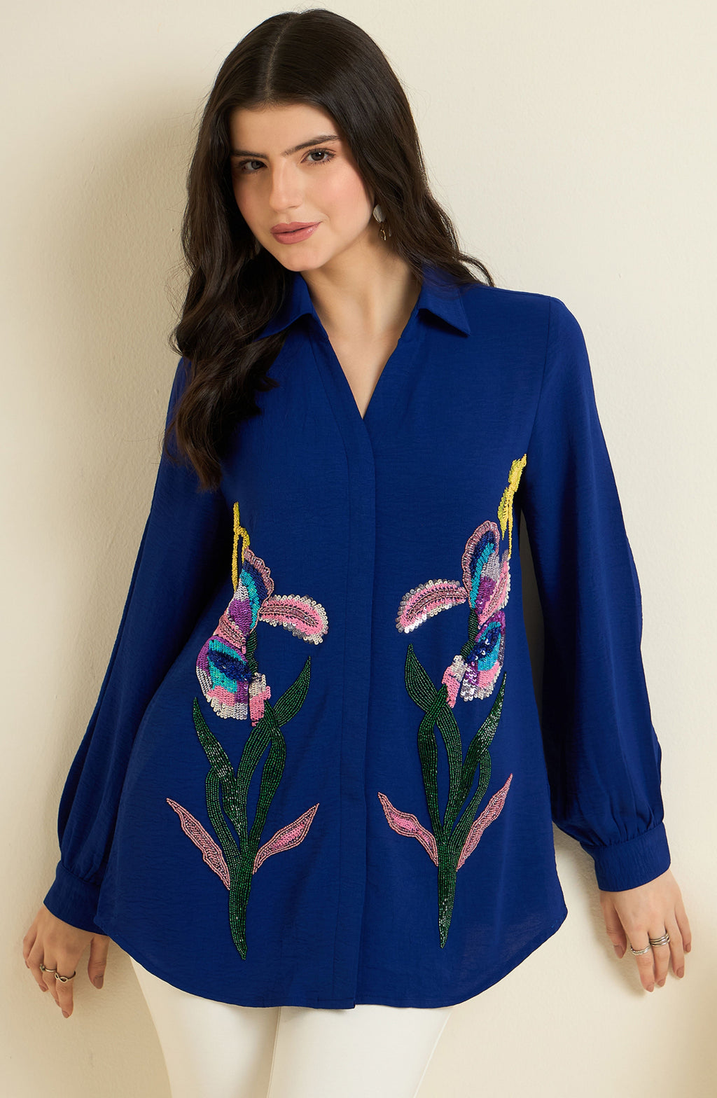 Royal Blue Shirt with Sequin Iris Embroidery