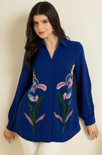 Royal Blue Shirt with Sequin Iris Embroidery