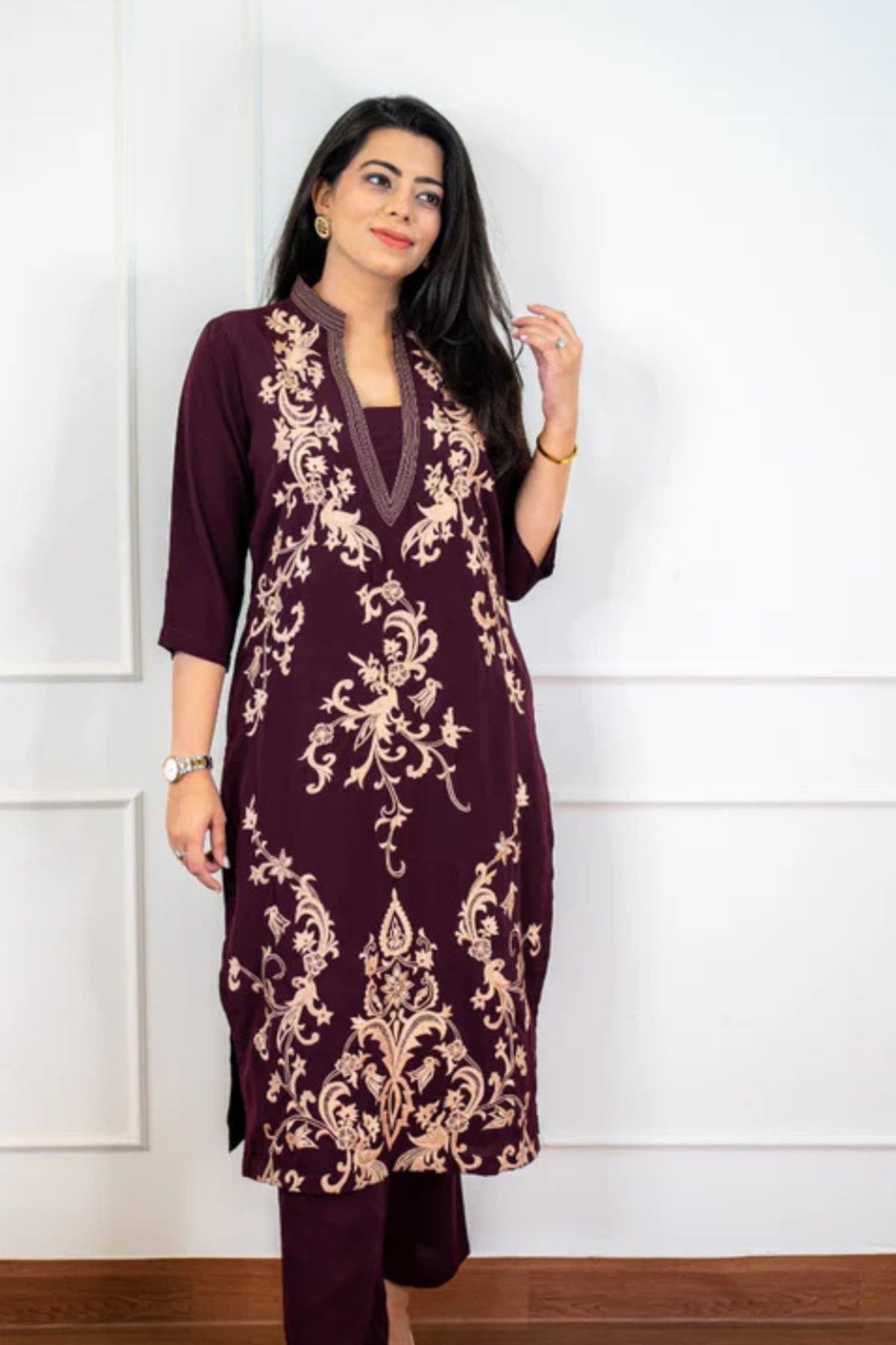 Wine Embroidered Kurta Set