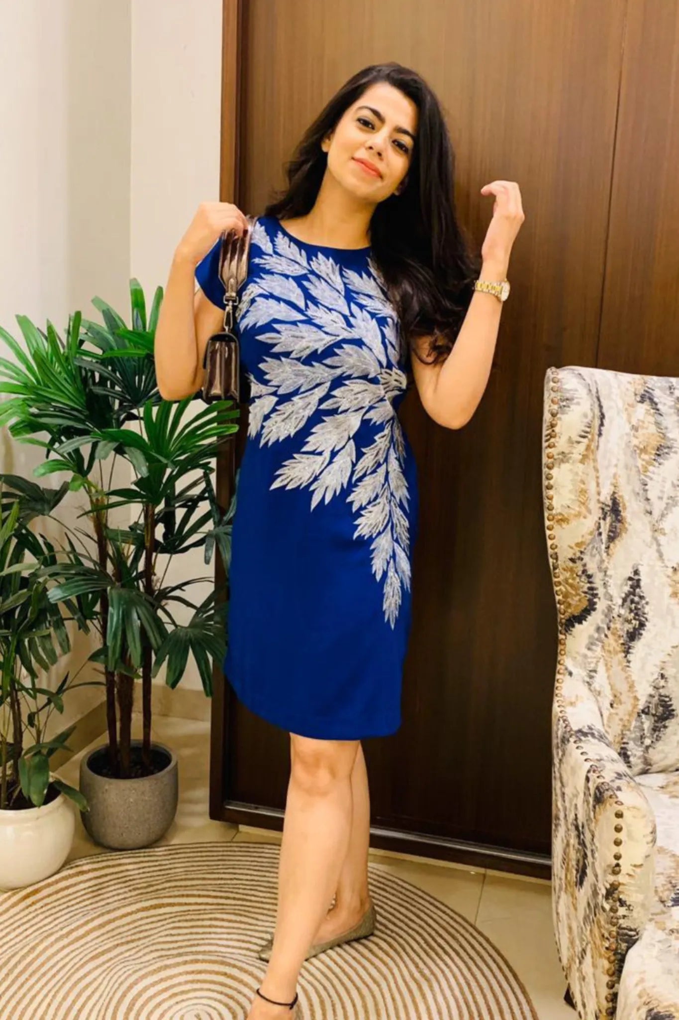 Blue Leaf Embroidered Dress