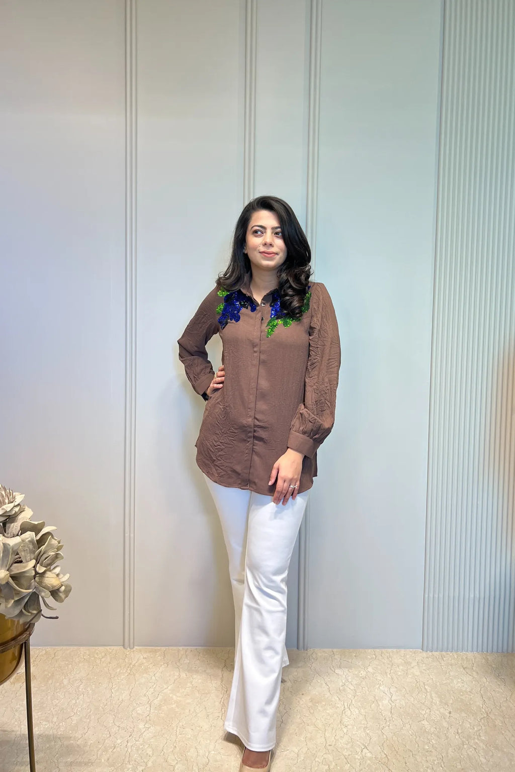 Sequin-Embellished Mocha Shirt