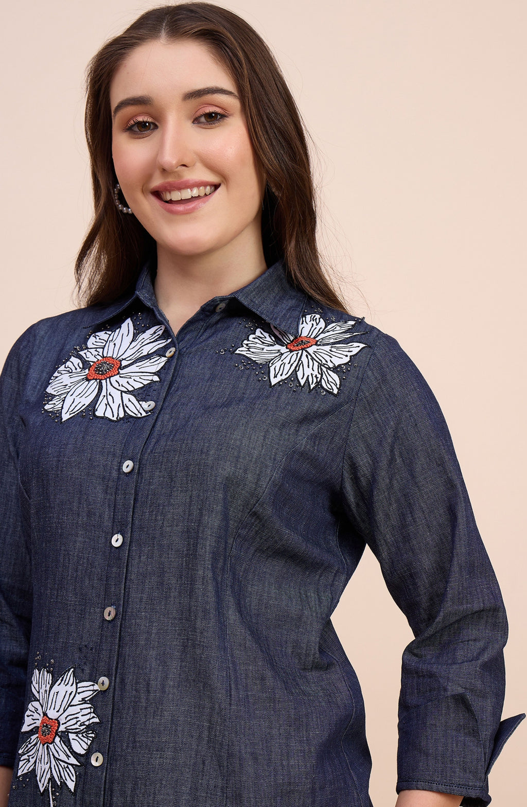 Denim Shirt Dress with Floral Beaded Embroidery