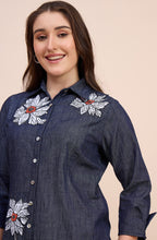 Denim Shirt Dress with Floral Beaded Embroidery