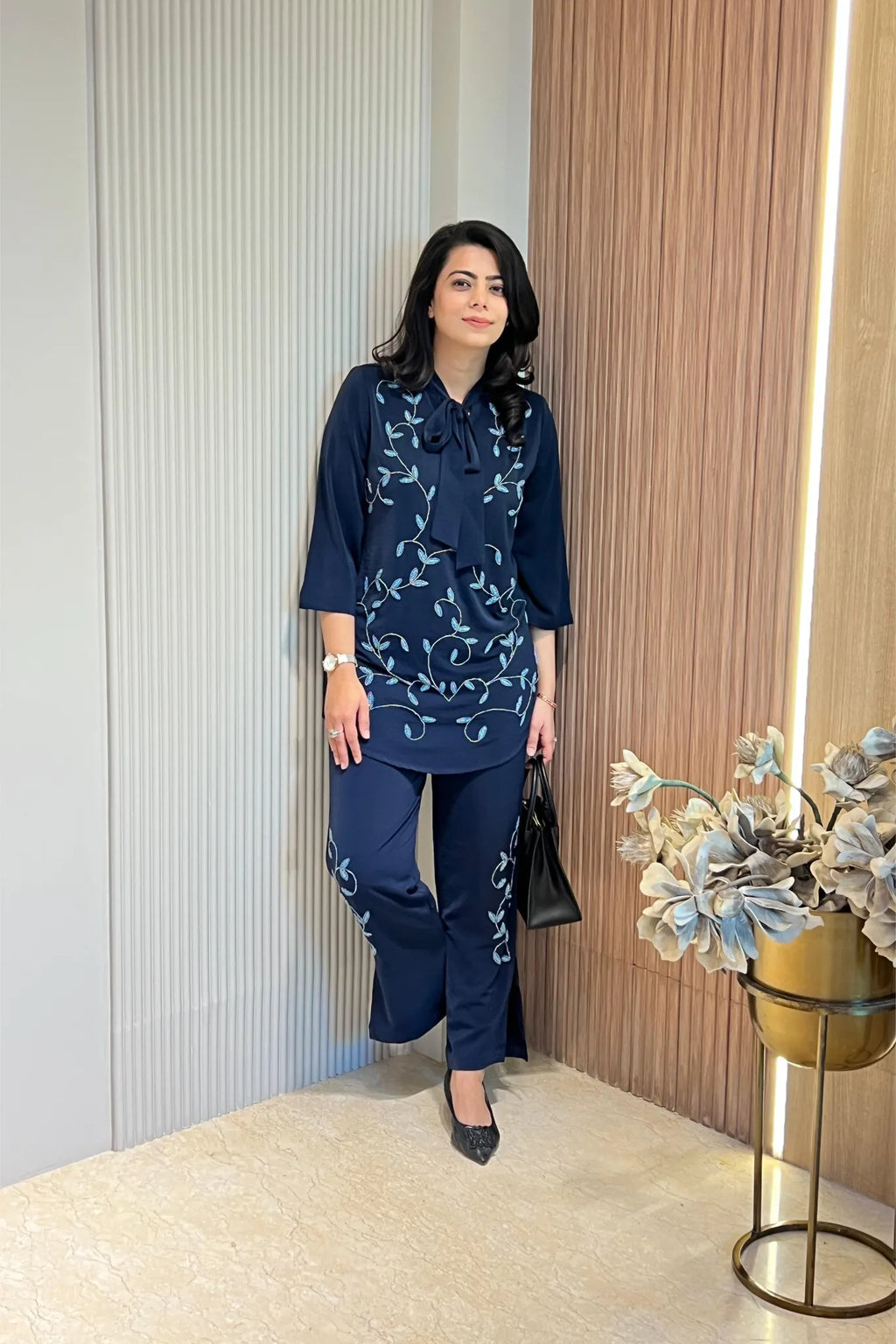Blue Embellished Knot-Style Co-ord Set