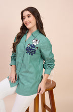 Sage Green Striped Shirt with Sequin Floral Embroidery