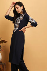 Navy Blue Embroidered Kurta Set