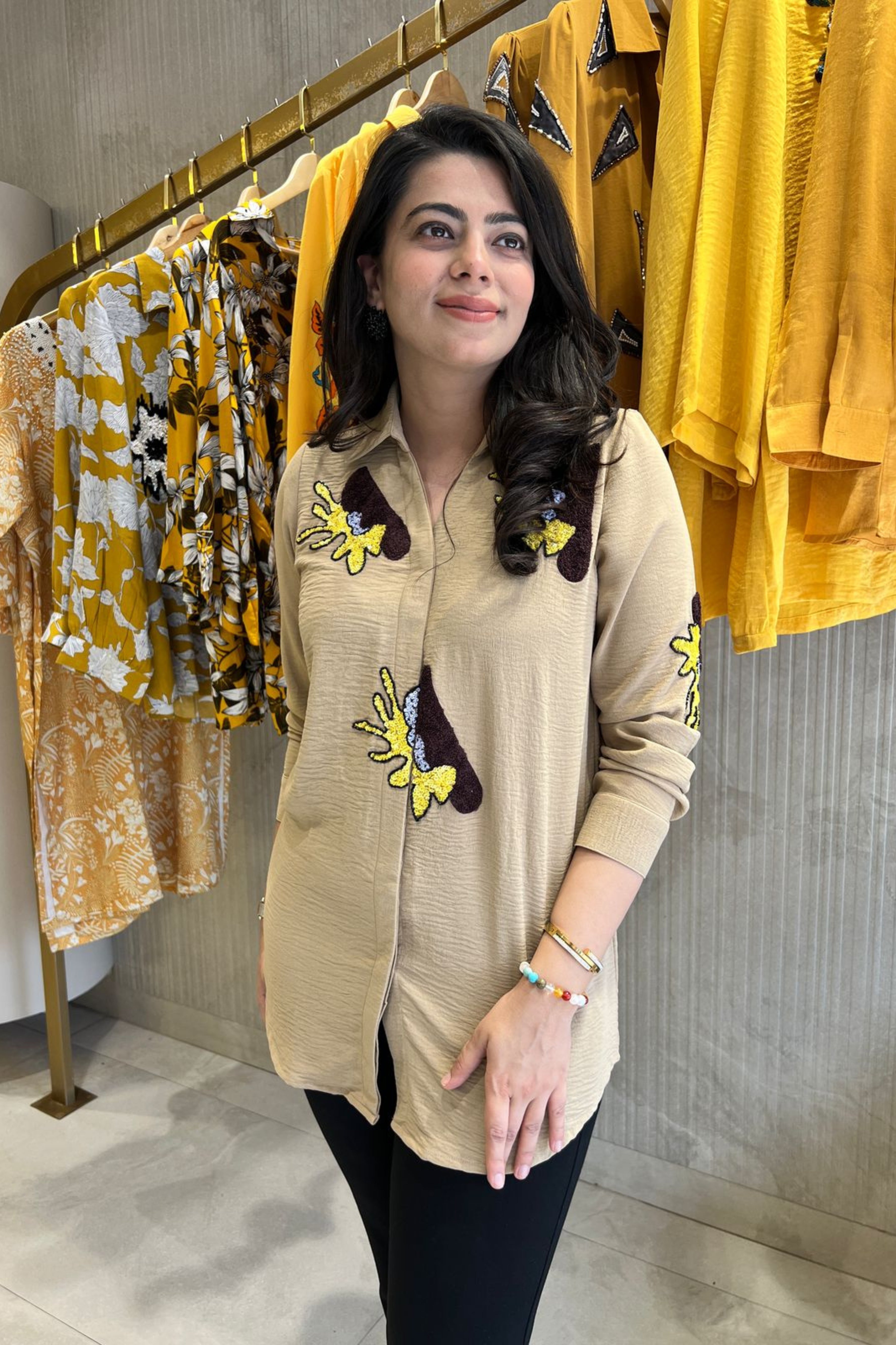 Beige Embellished Button Down Shirt