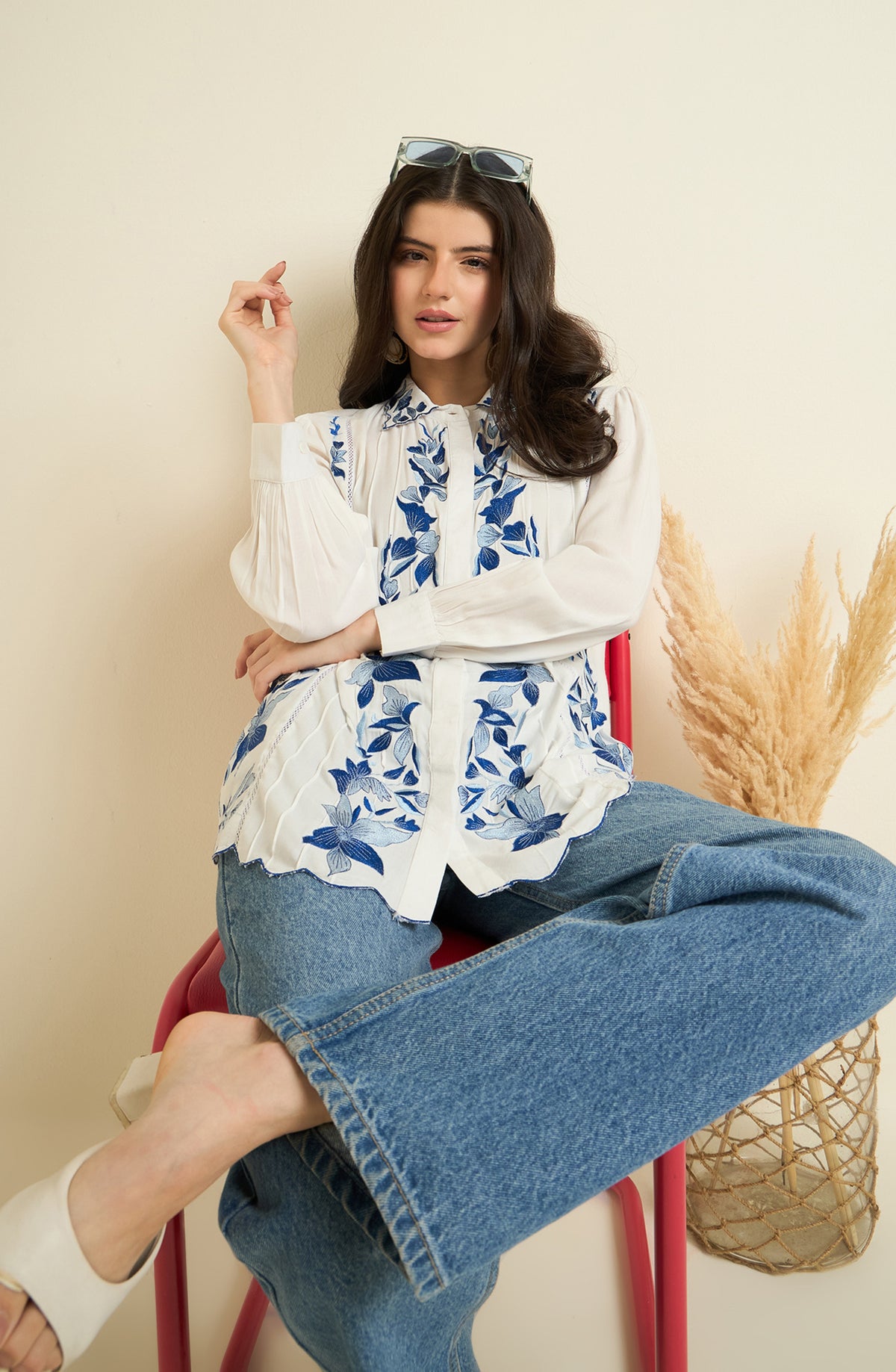 White Floral Embroidered Shirt