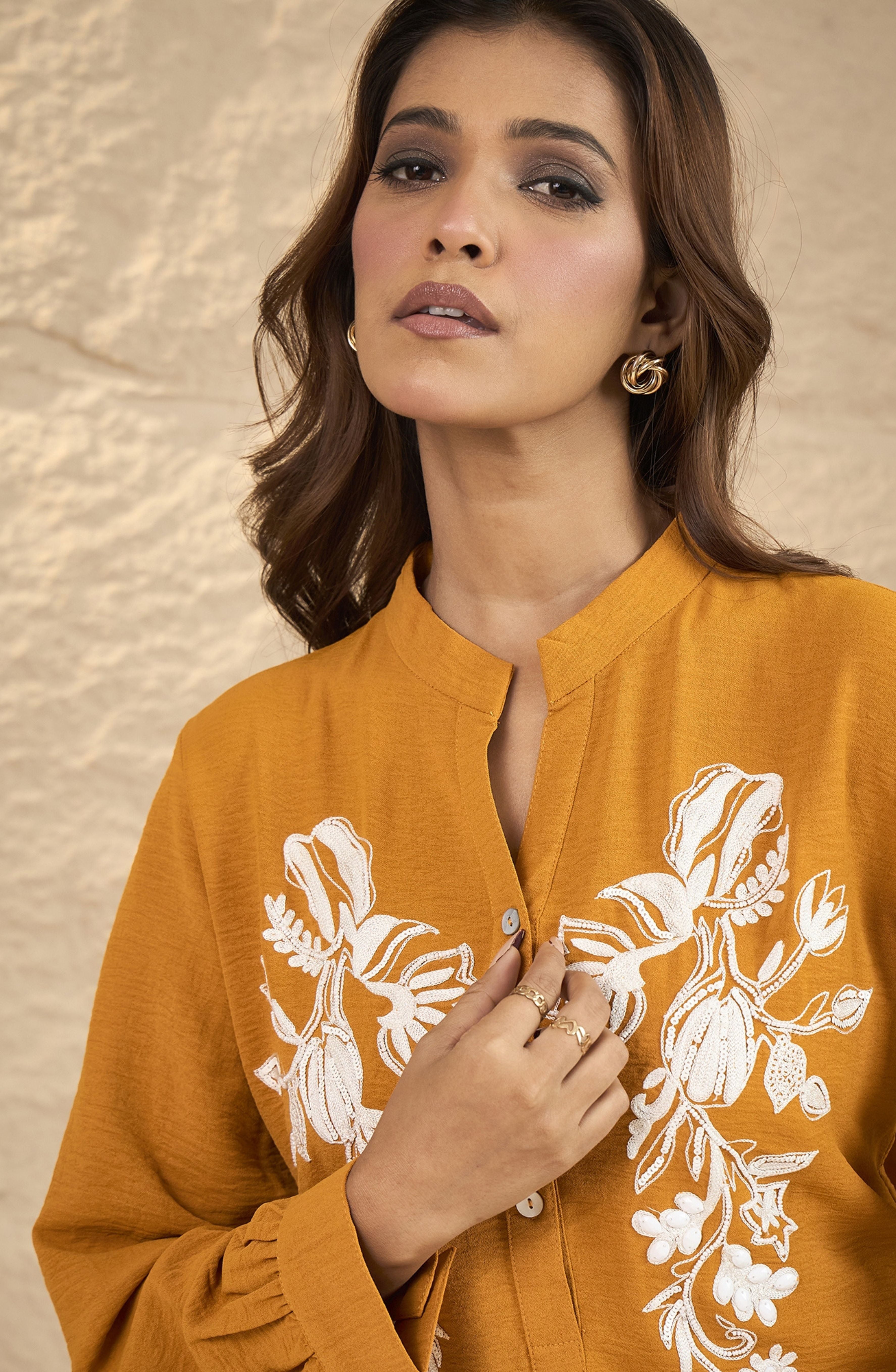 Mustard Floral Embroidered Shirt