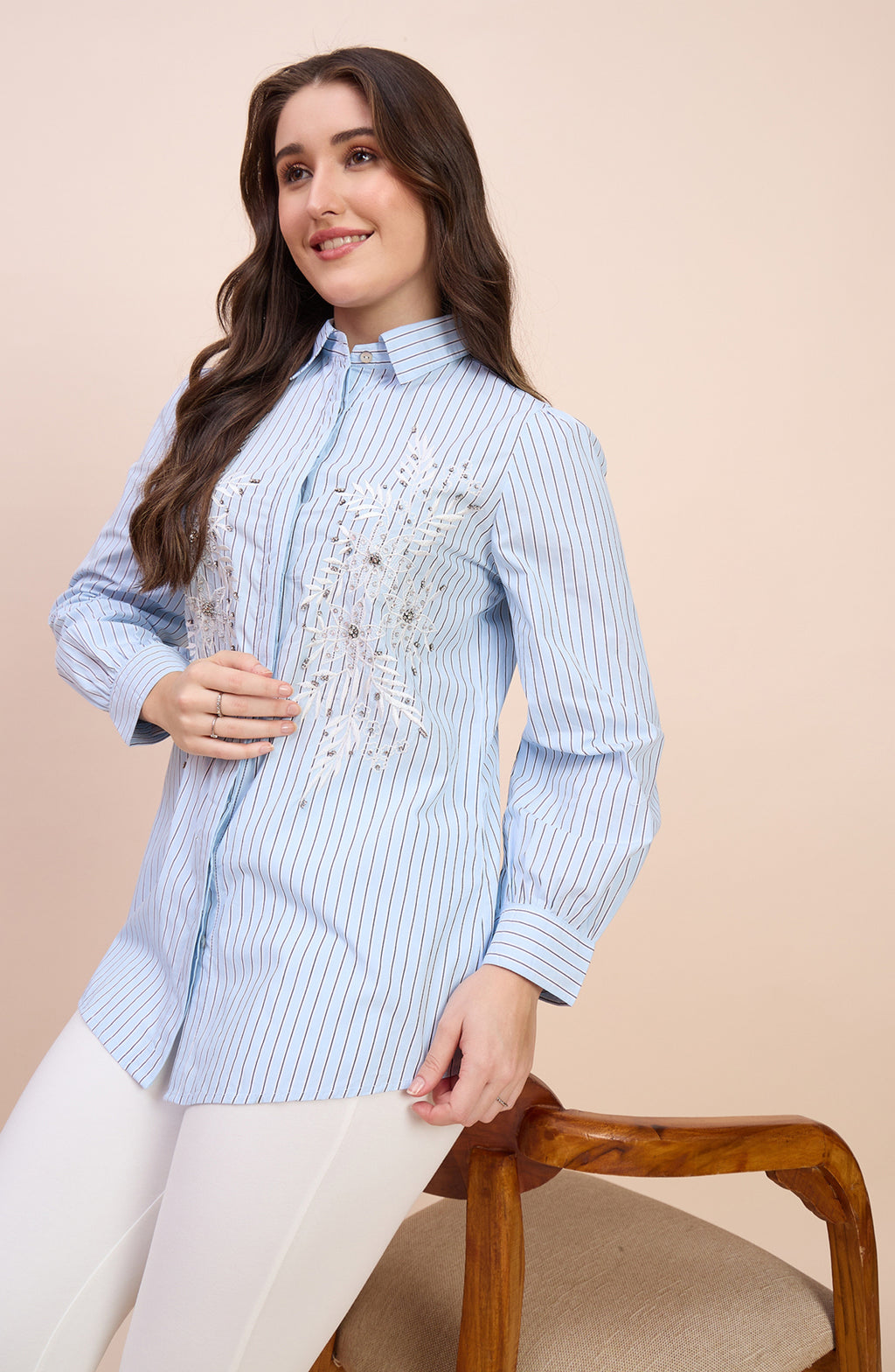 Sky Blue Striped Shirt with Beaded Floral Embroidery