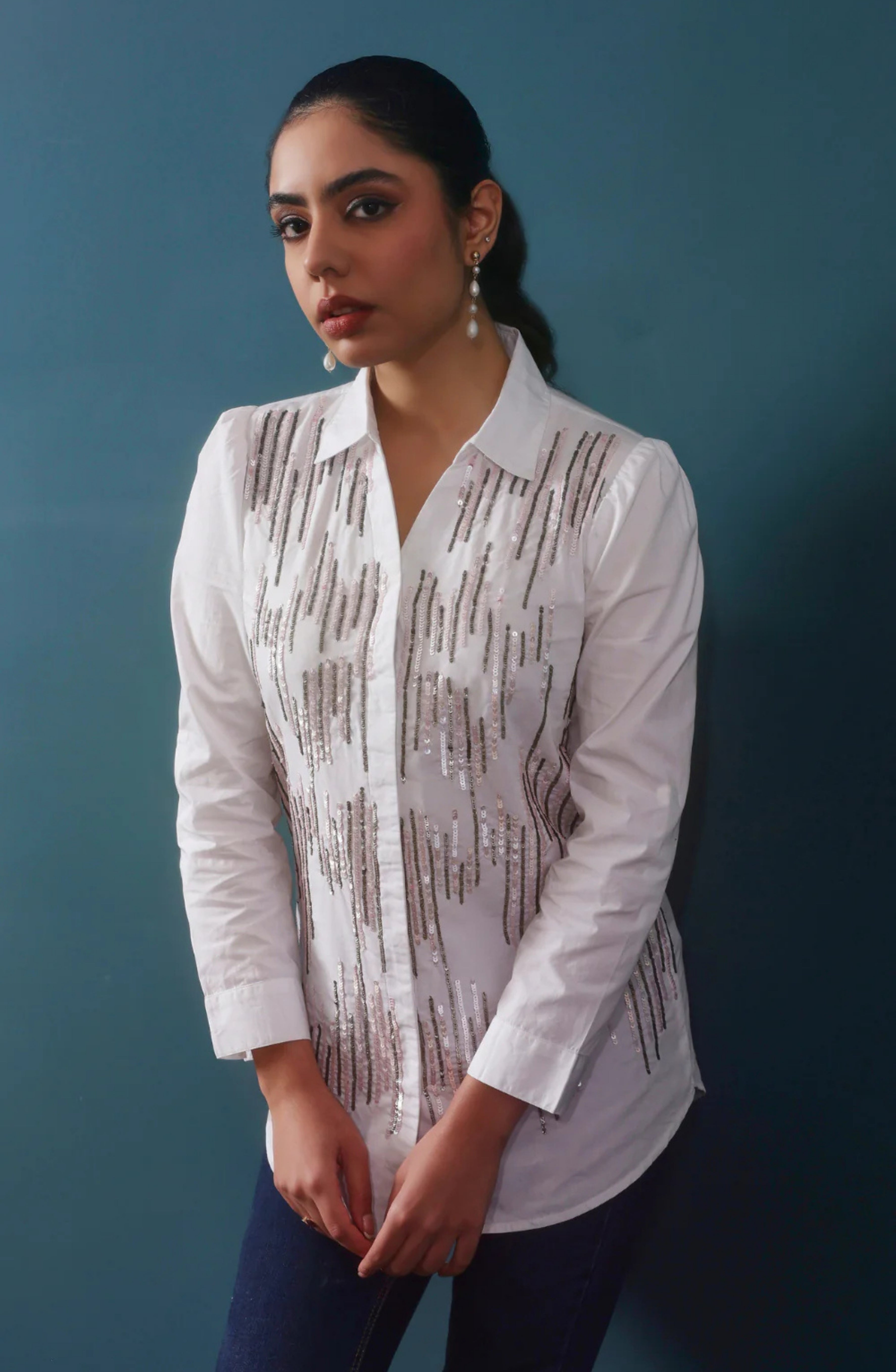 White Sequin Embellished Shirt