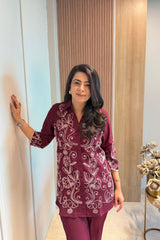 Maroon Floral Embroidered Co-Ord