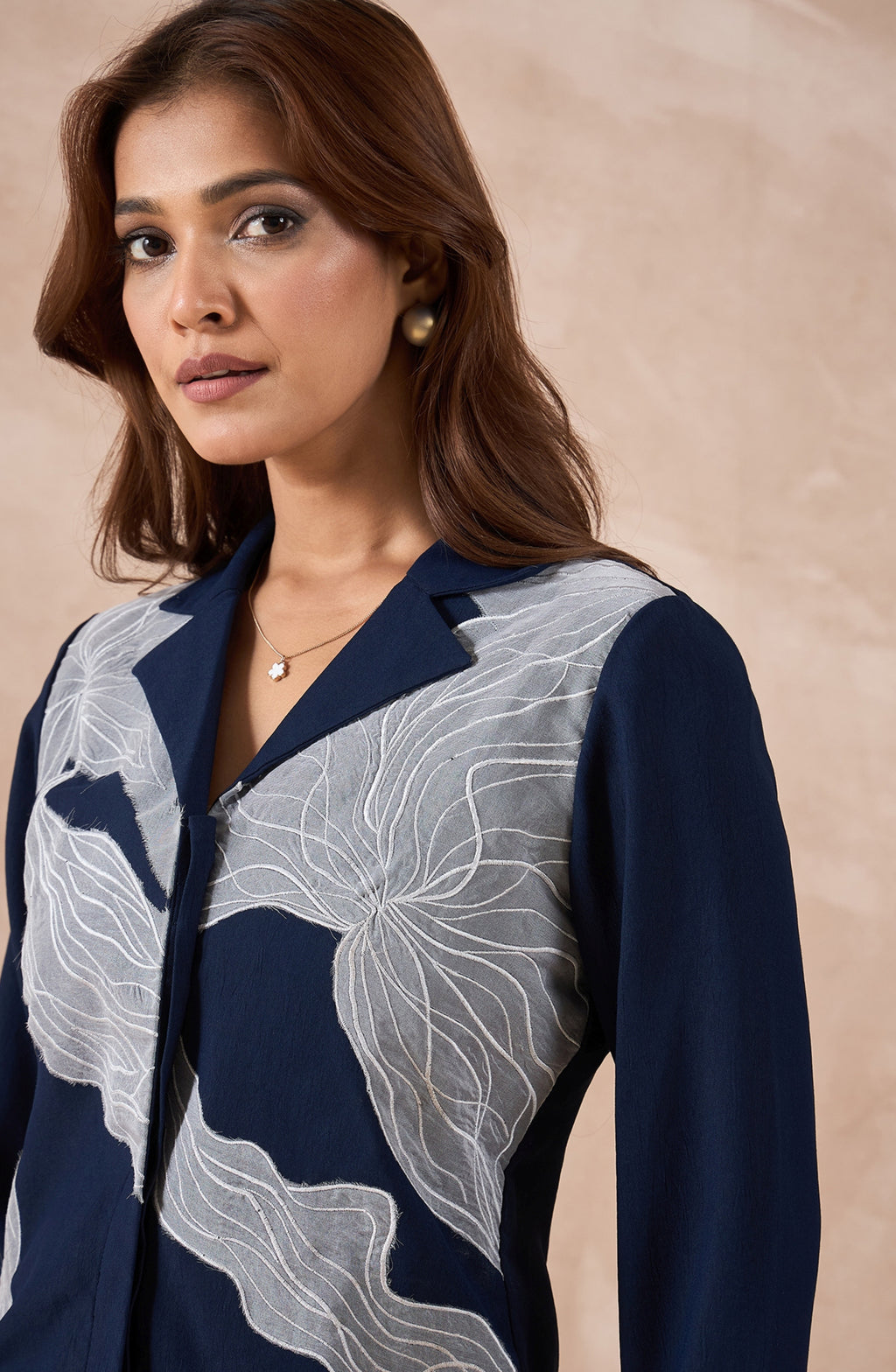 Navy Longline Shirt with Abstract Grey Applique