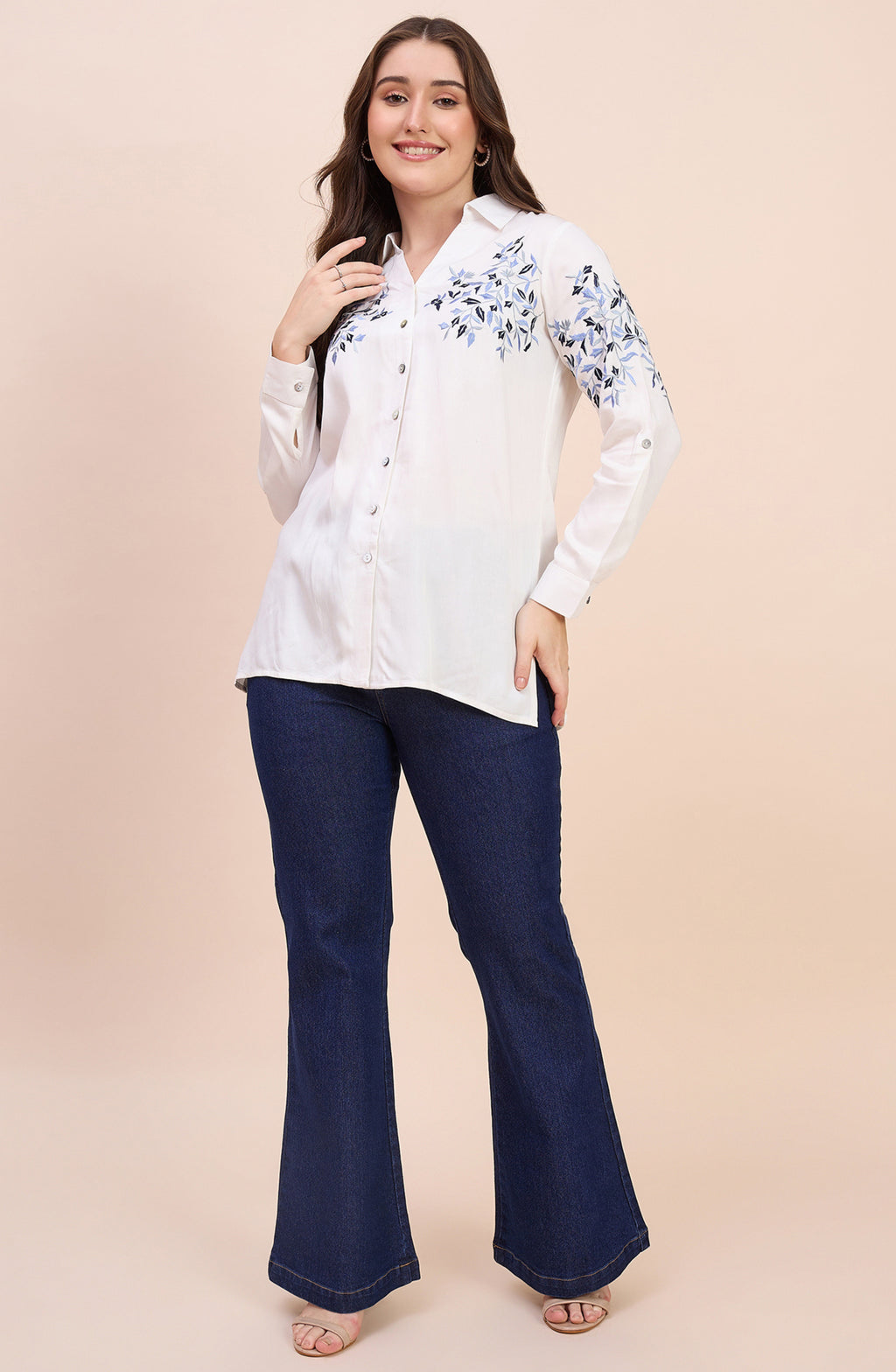 White Shirt with Blue Floral Vine Embroidery