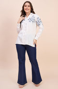 White Shirt with Blue Floral Vine Embroidery