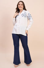 White Shirt with Blue Floral Vine Embroidery