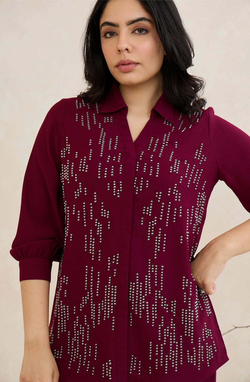 Mahroon Studded Embellished Co-Ord Set
