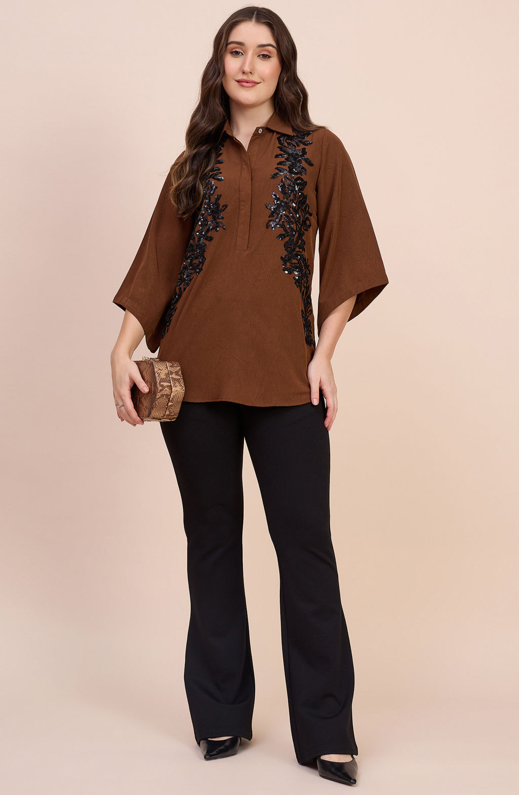 Brown Shirt with Black Sequin Floral Embellishment