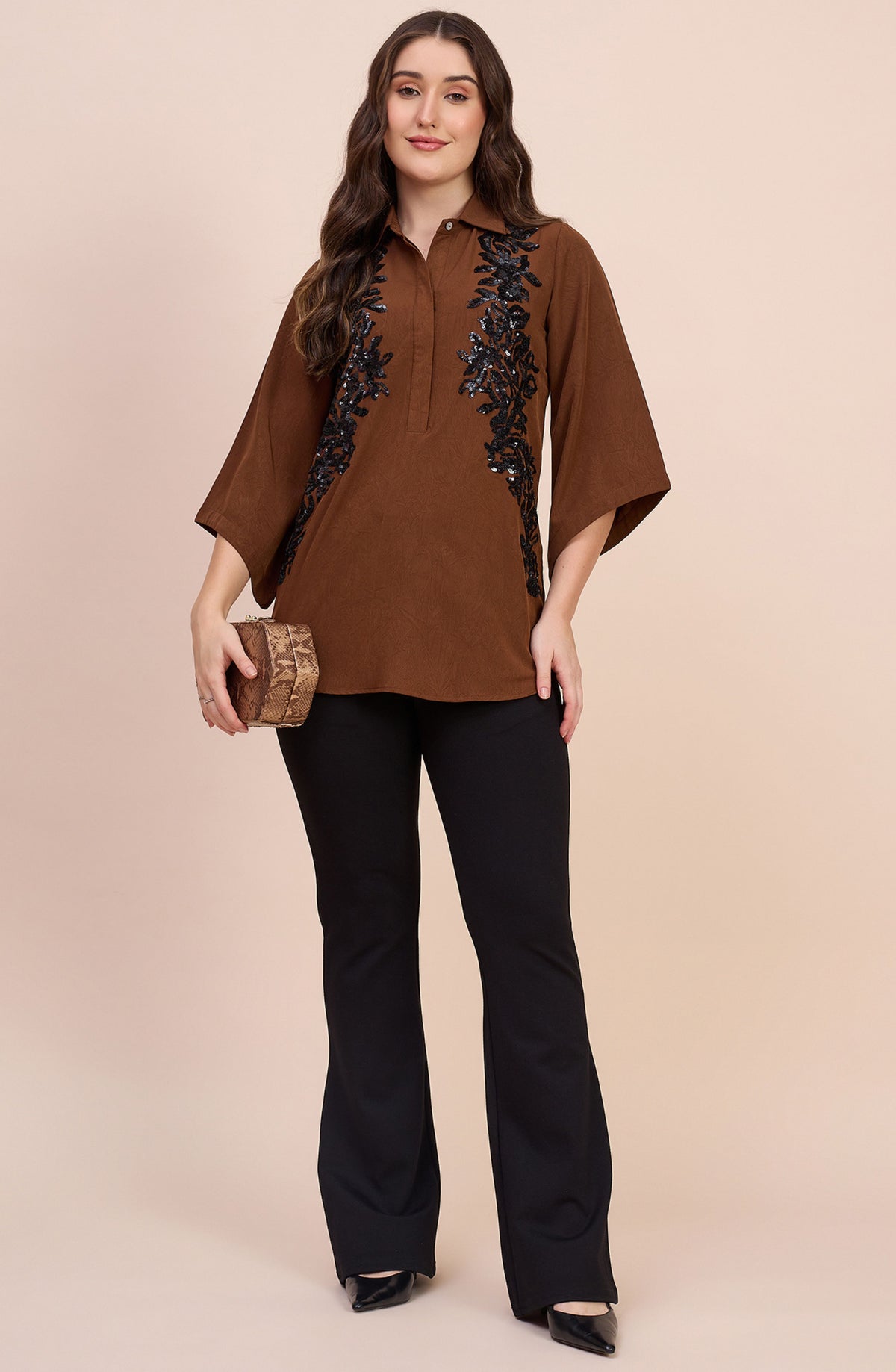 Brown Shirt with Black Sequin Floral Embellishment