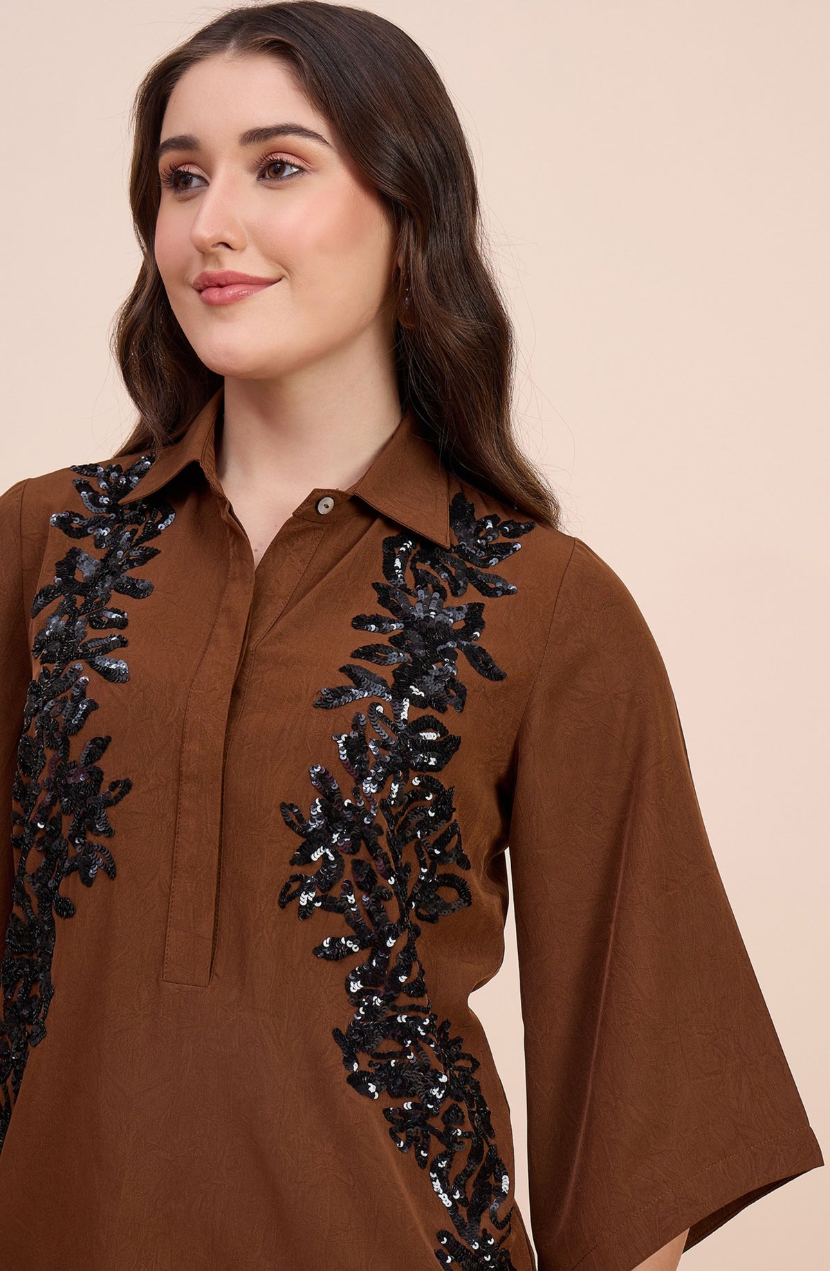 Brown Shirt with Black Sequin Floral Embellishment
