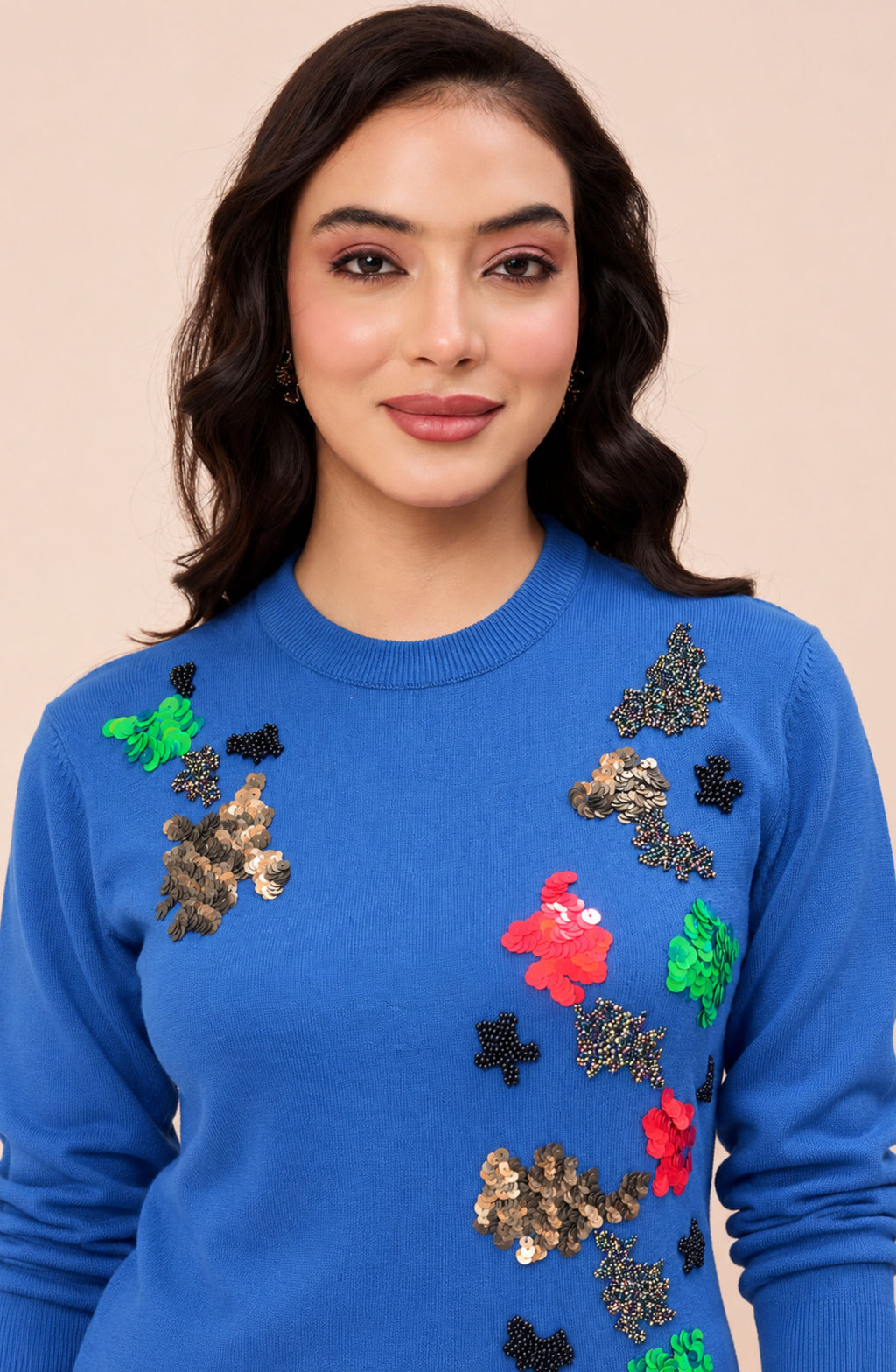 Royal Blue Embellished Woollen Sweater