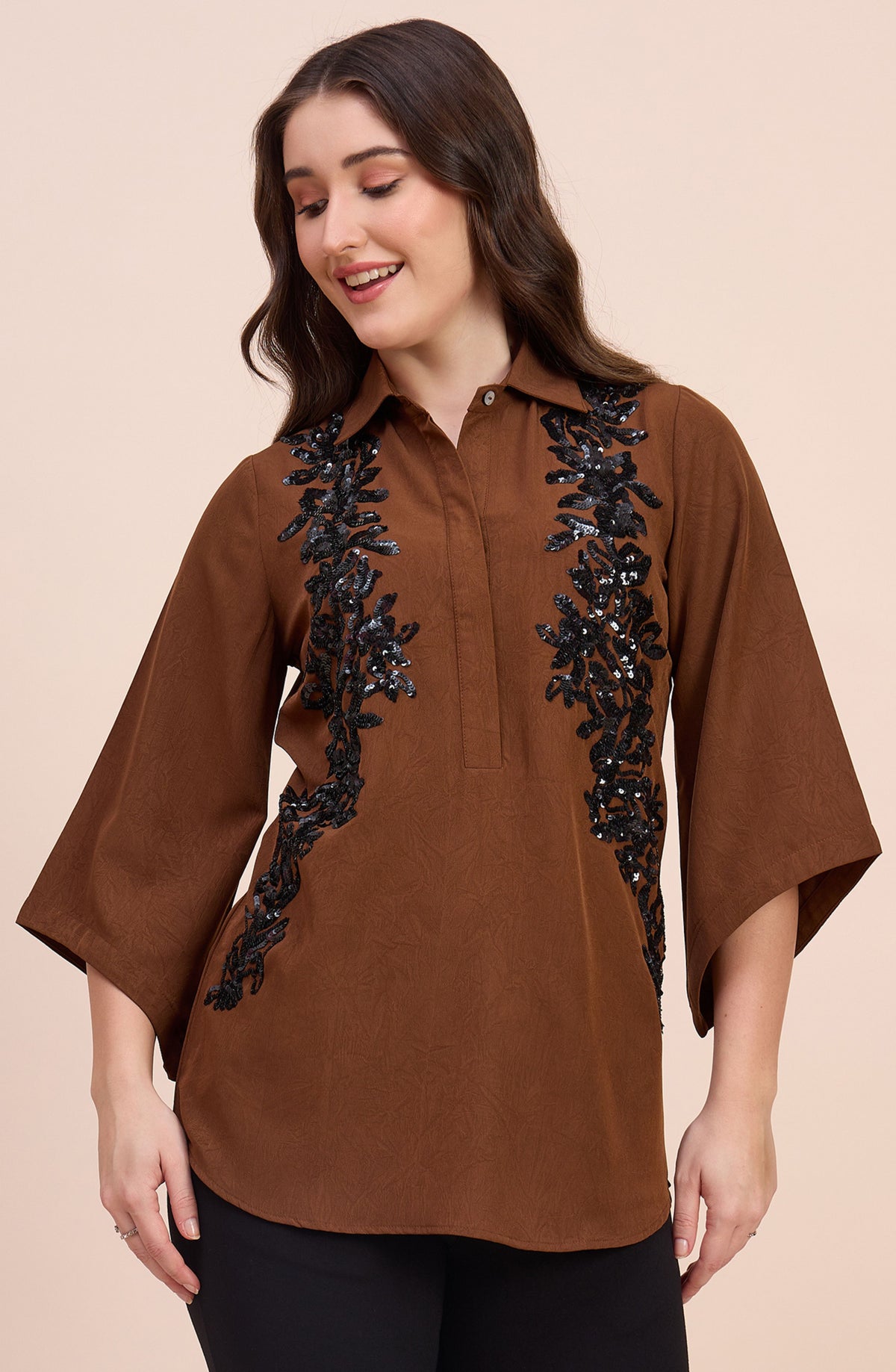 Brown Shirt with Black Sequin Floral Embellishment