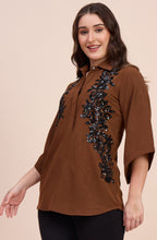 Brown Shirt with Black Sequin Floral Embellishment