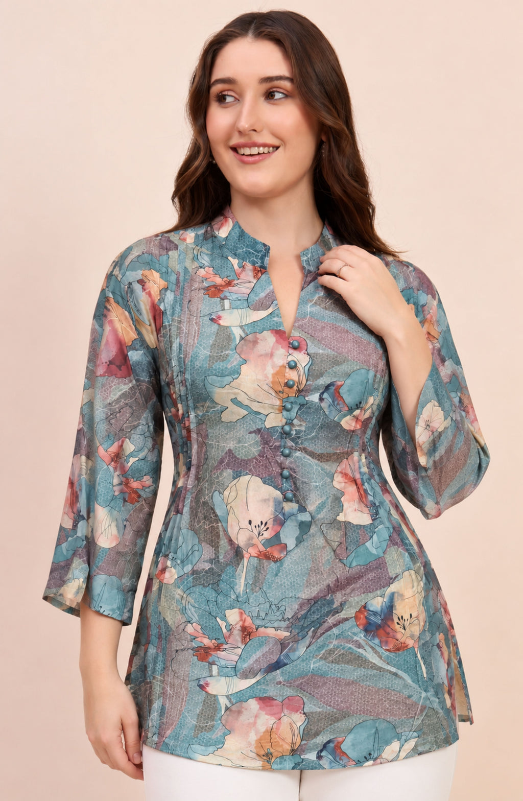Teal Watercolour Floral Print Shirt