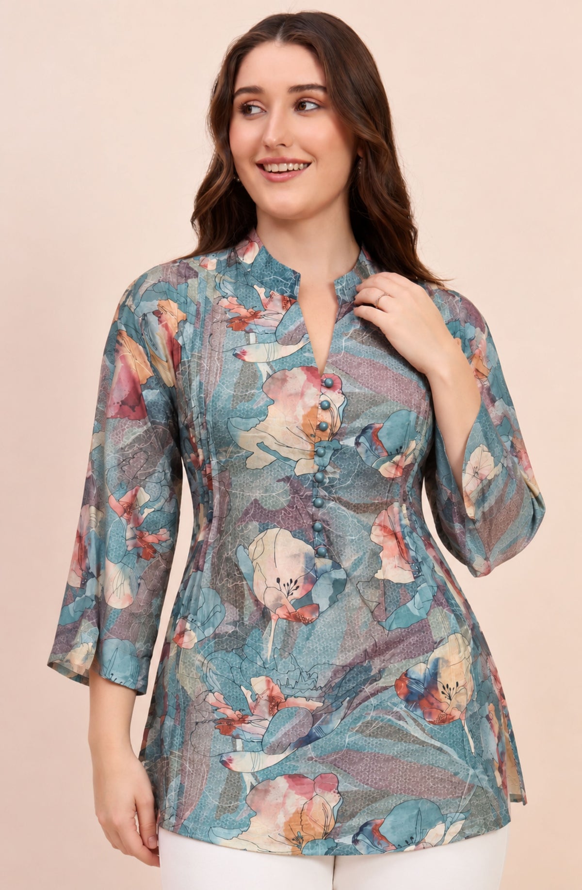 Teal Watercolour Floral Print Shirt