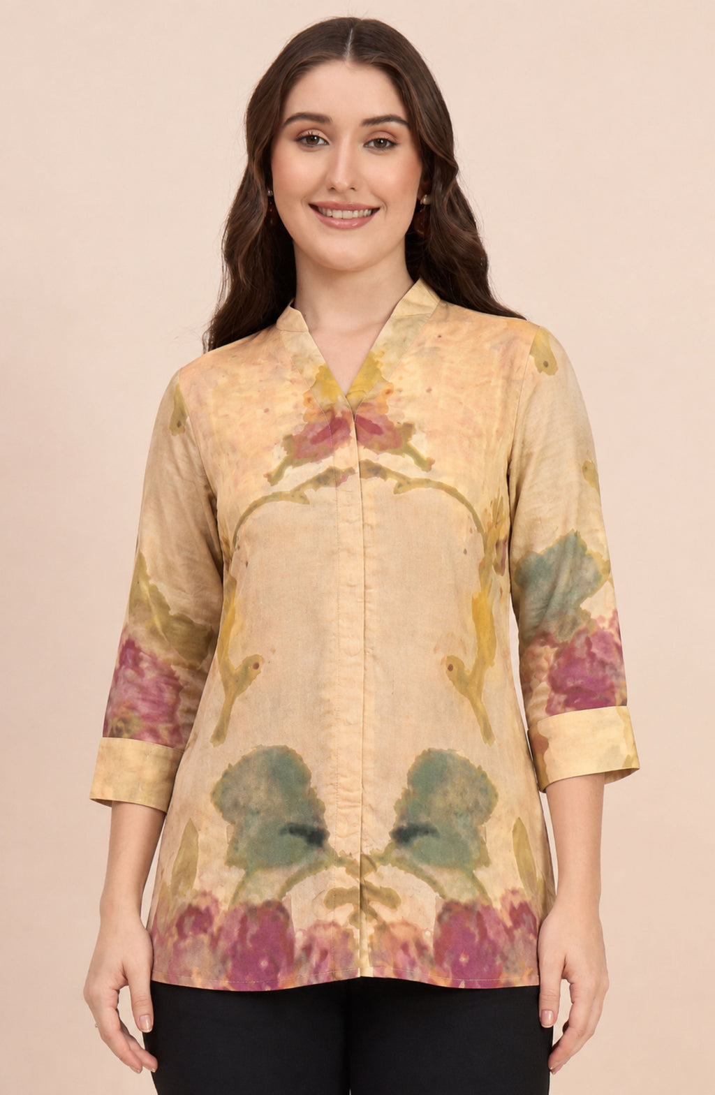Beige Floral Print Shirt with Mandarin V-Collar