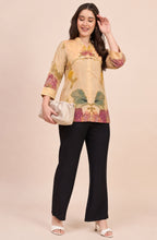 Beige Floral Print Shirt with Mandarin V-Collar