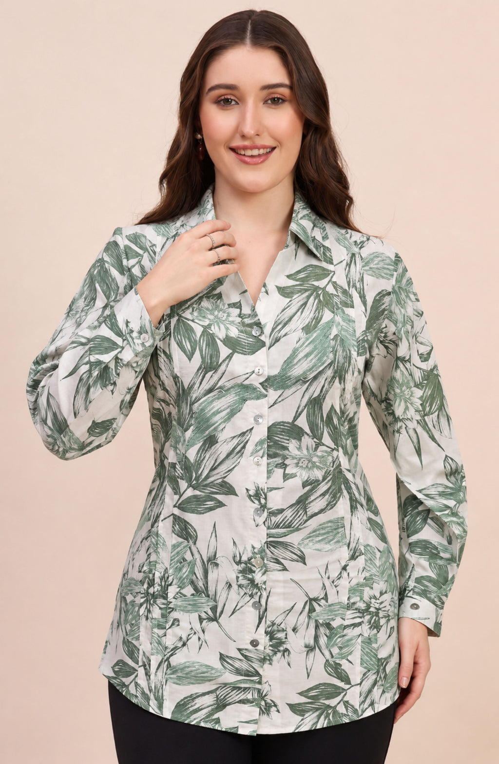 Ivory & Green Botanical Leaf Print Shirt