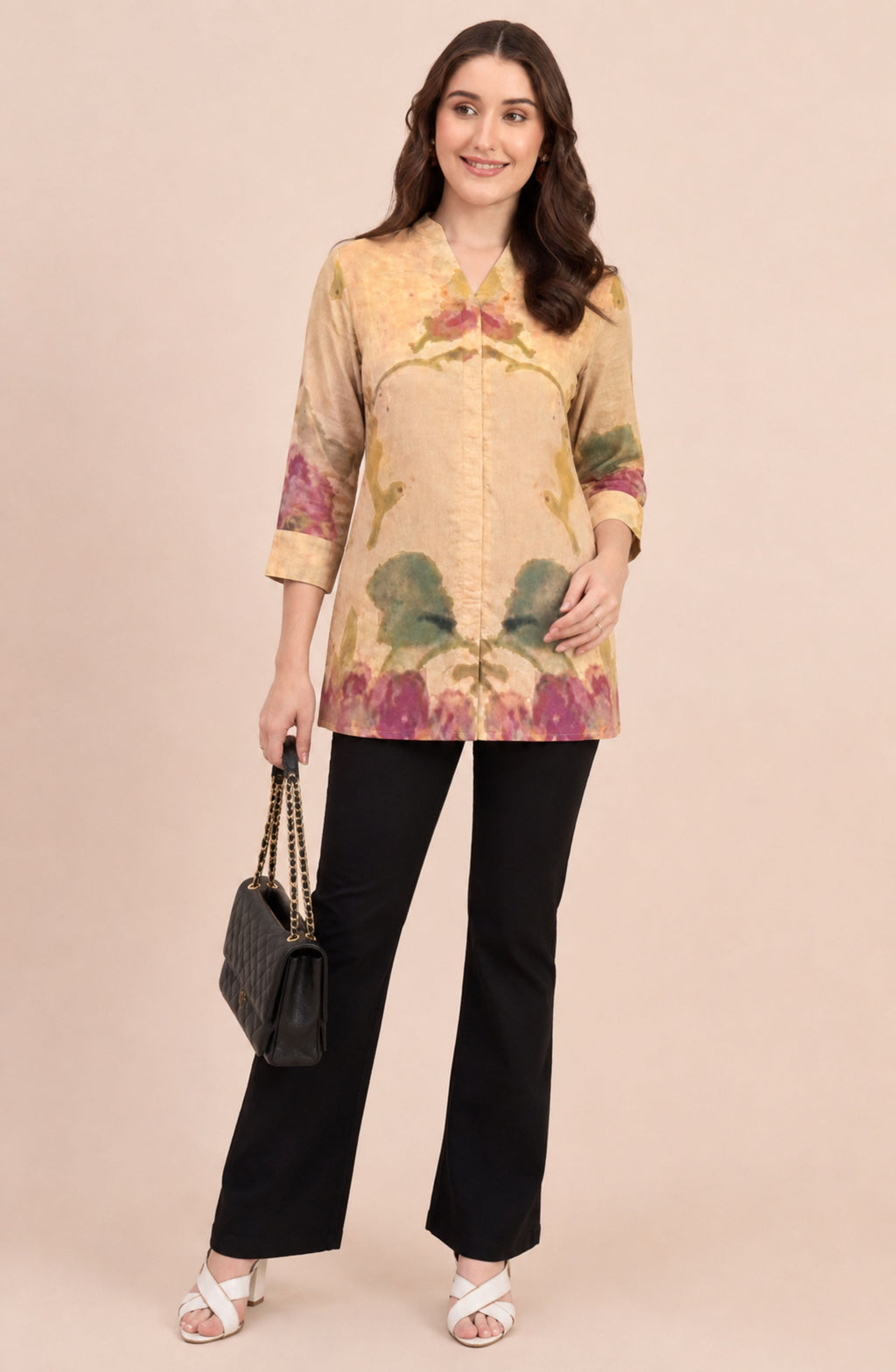 Beige Floral Print Shirt with Mandarin V-Collar