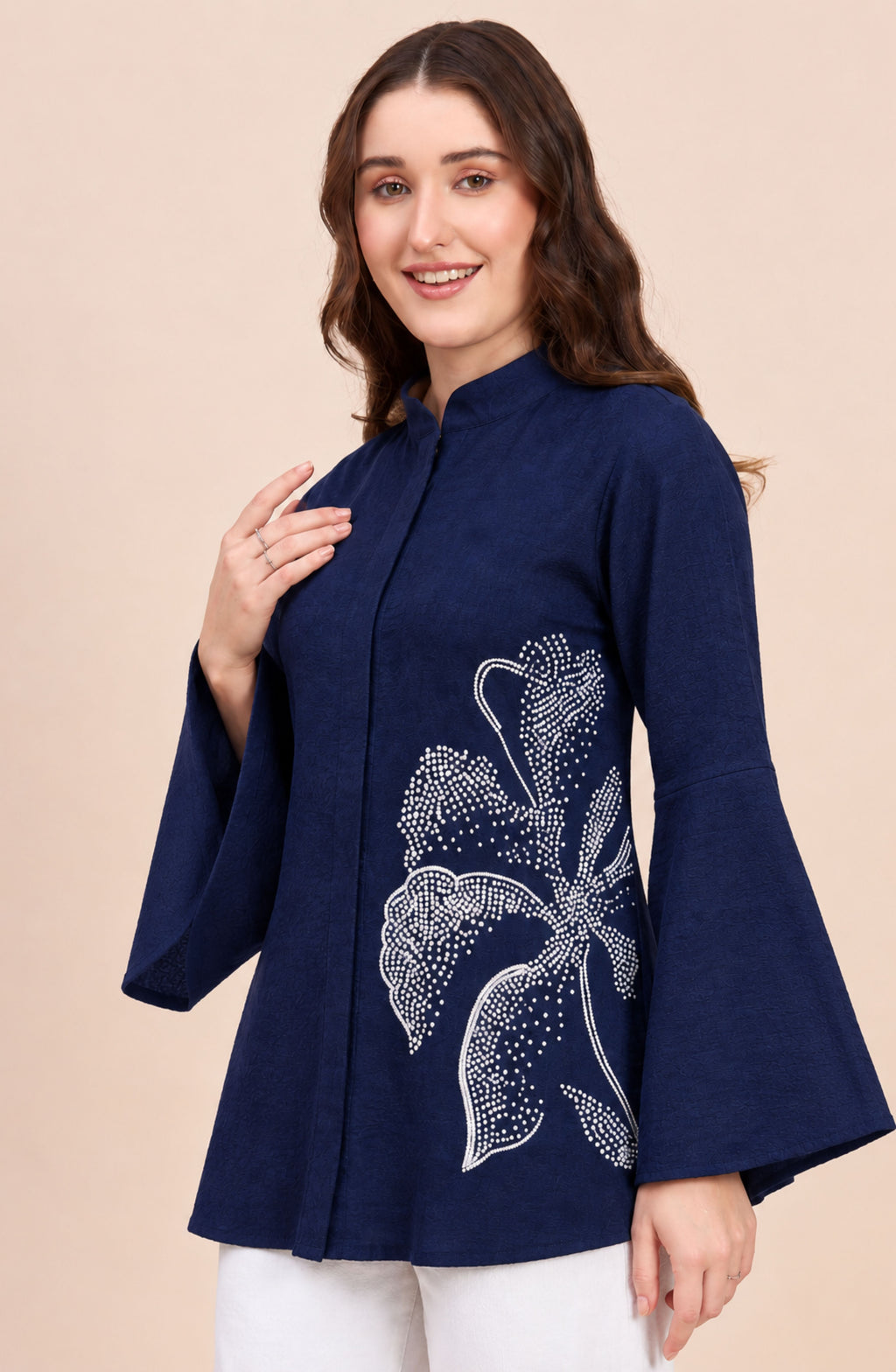 Navy Blue Embellished Floral Shirt with Bell Sleeves